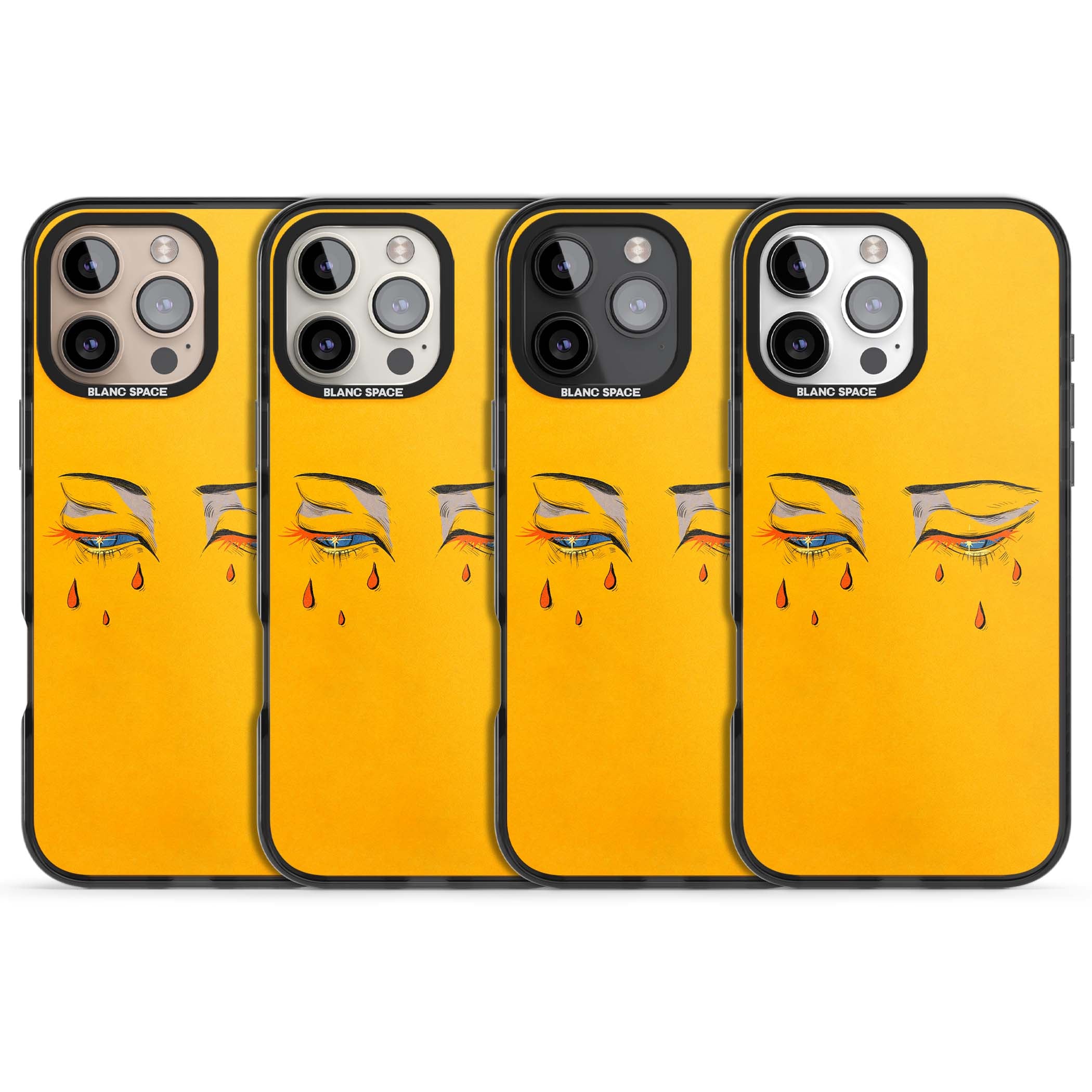 Yellow Tearful Eyes indie iPhone case featuring hand-drawn crying eyes with orange tears on a yellow background | Black Impact case for iPhone 16 Pro, iPhone 16 Pro Max