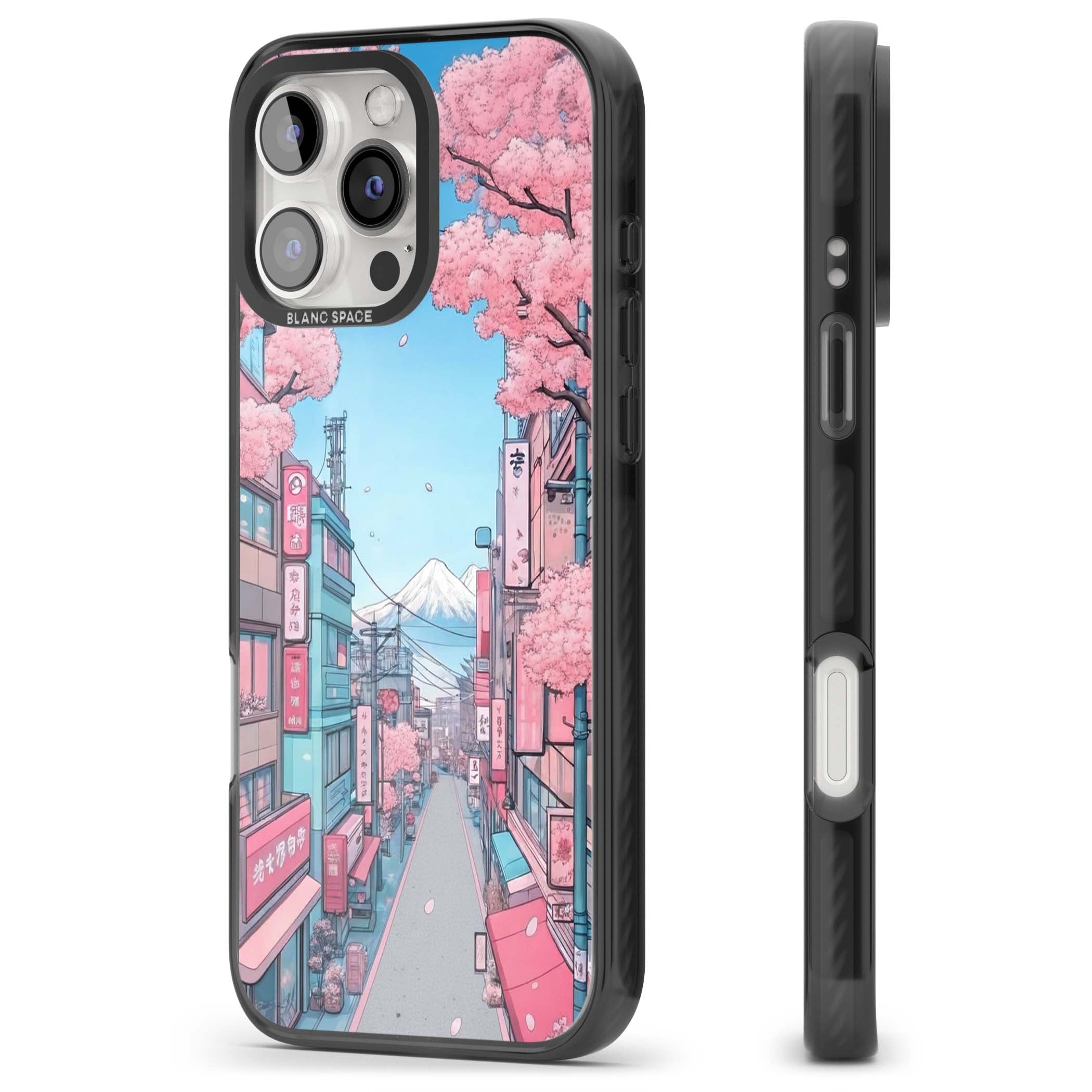 Sakura Lane anime iPhone case featuring Tokyo street scene with cherry blossoms and Mount Fuji | Black Impact case for iPhone 16 Pro, iPhone 16 Pro Max
