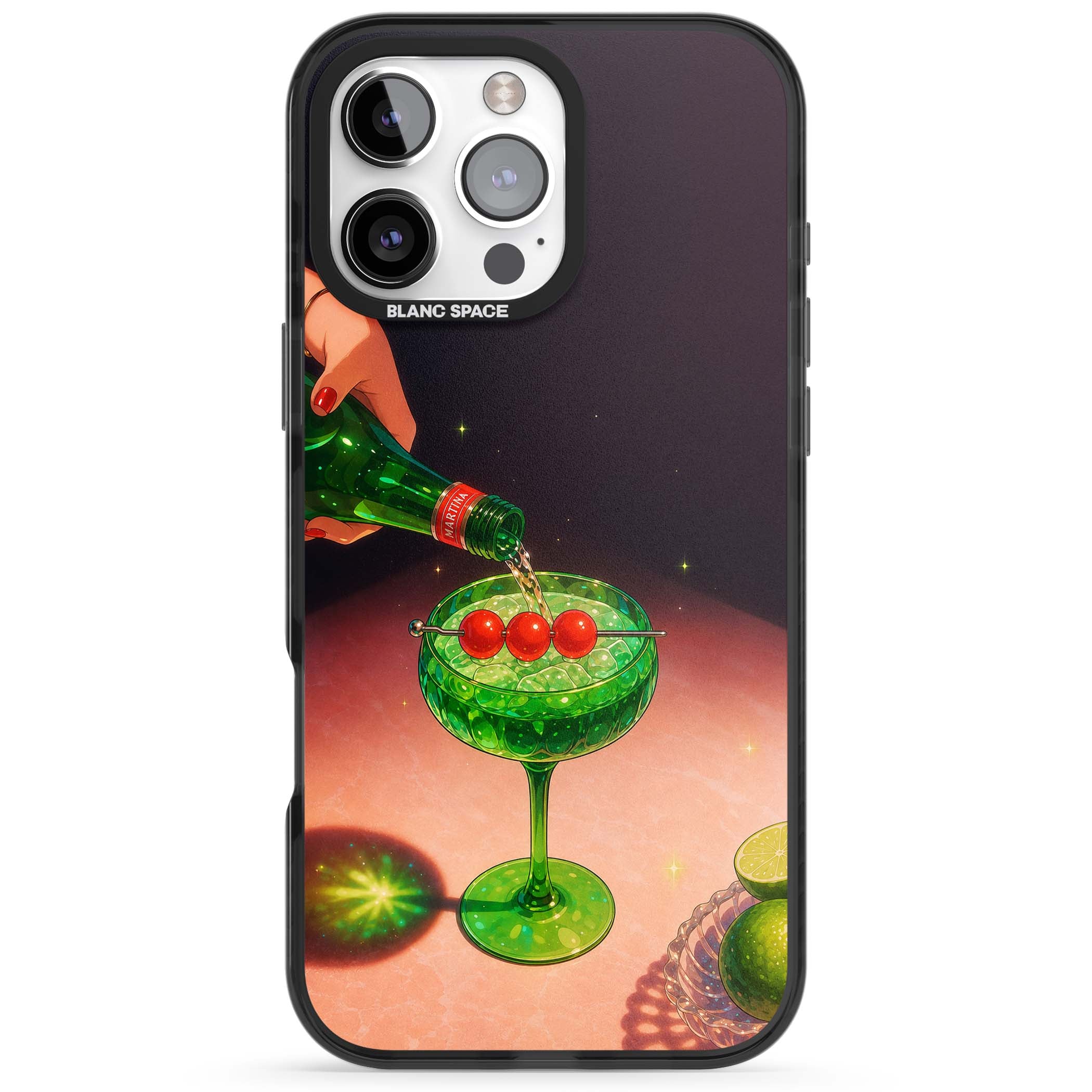 Absinthe Hour cocktail iPhone case featuring a green coupe glass, cherry garnish and vintage bottle pour illustration | Black Impact case for iPhone 16 Pro, iPhone 16 Pro Max