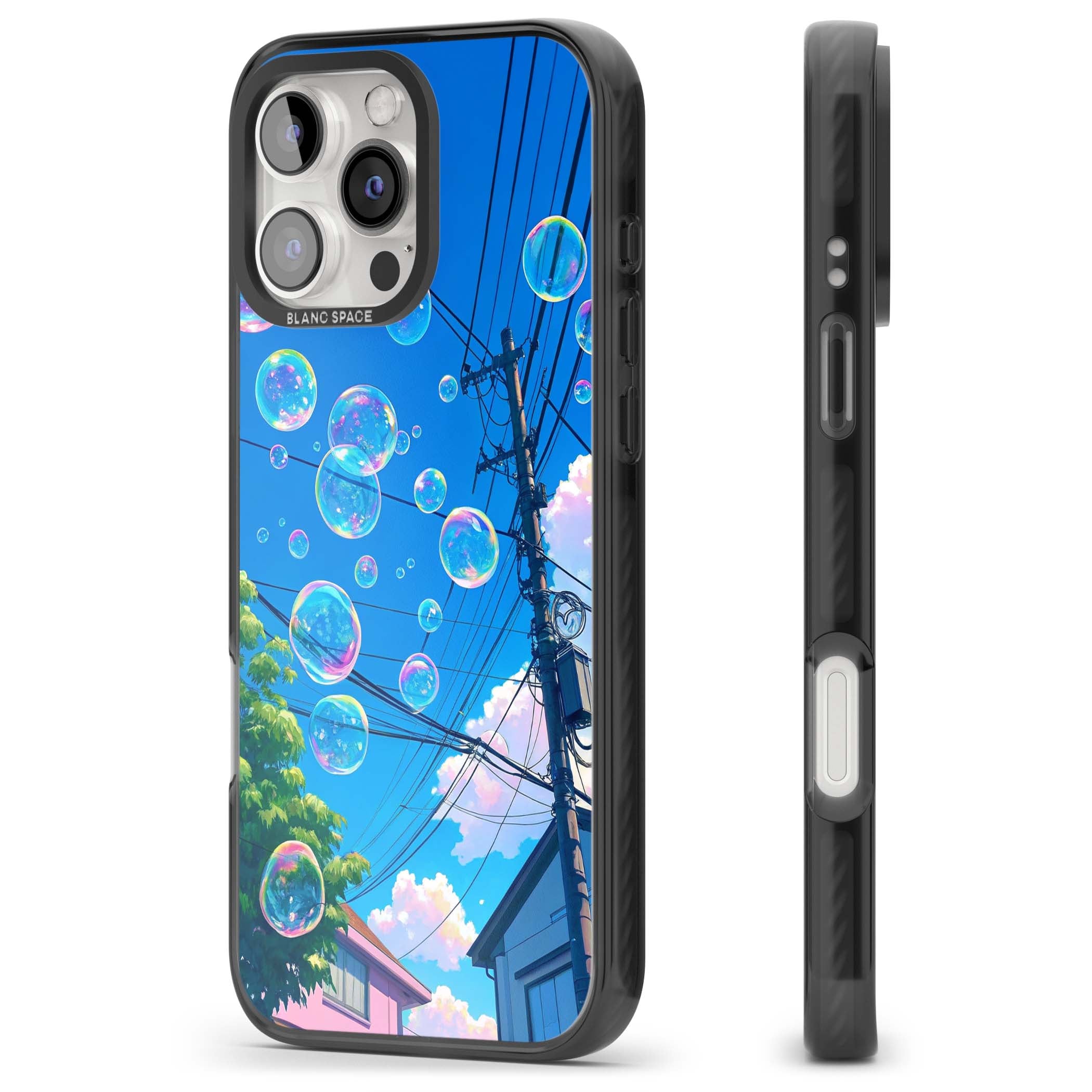Suburban Bubbles anime iPhone case featuring iridescent soap bubbles, blue sky and Japanese telephone wires | Black Impact case for iPhone 16 Pro, iPhone 16 Pro Max