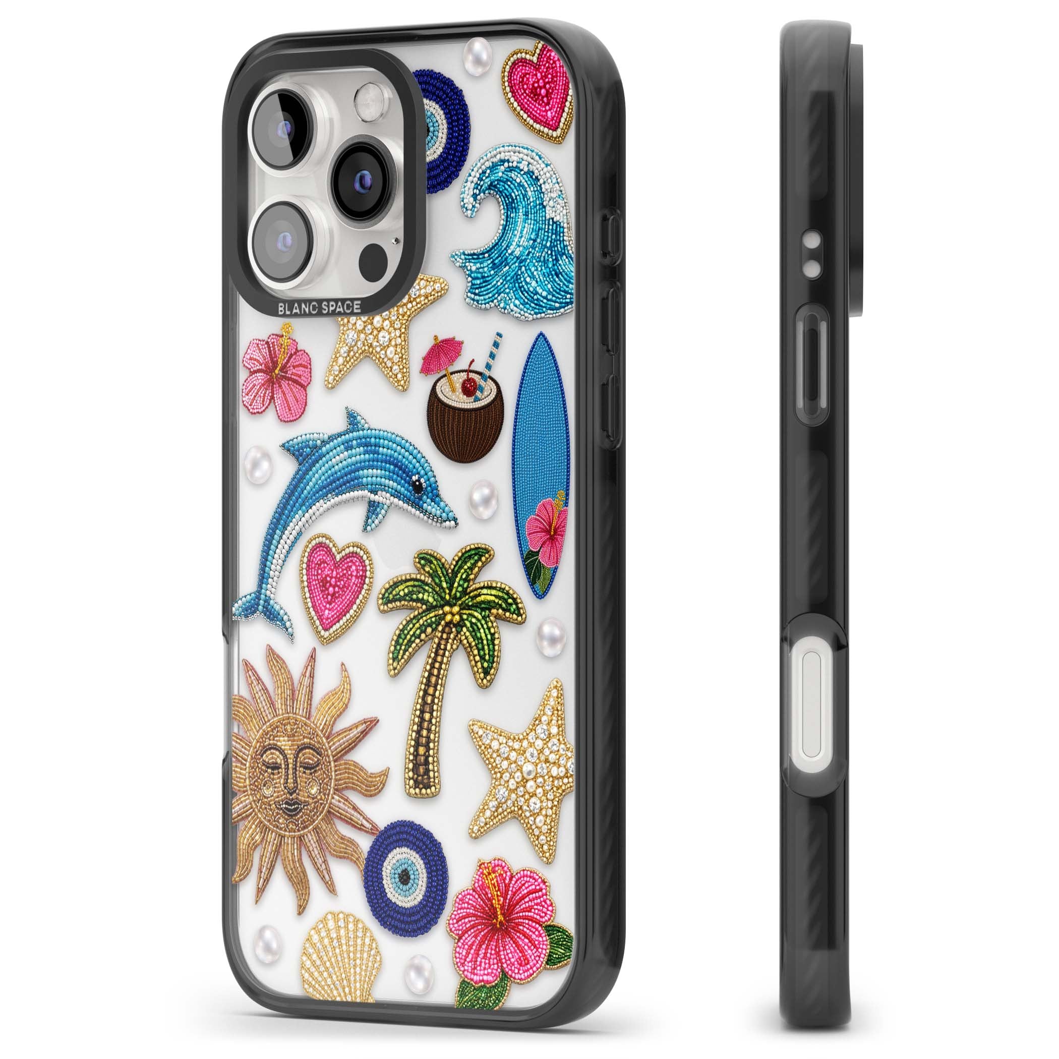 Beaded Beach coastal summer iPhone case featuring embroidered evil eye, hibiscus flowers, dolphin and palm tree patches | Black Impact case for iPhone 16 Pro, iPhone 16 Pro Max