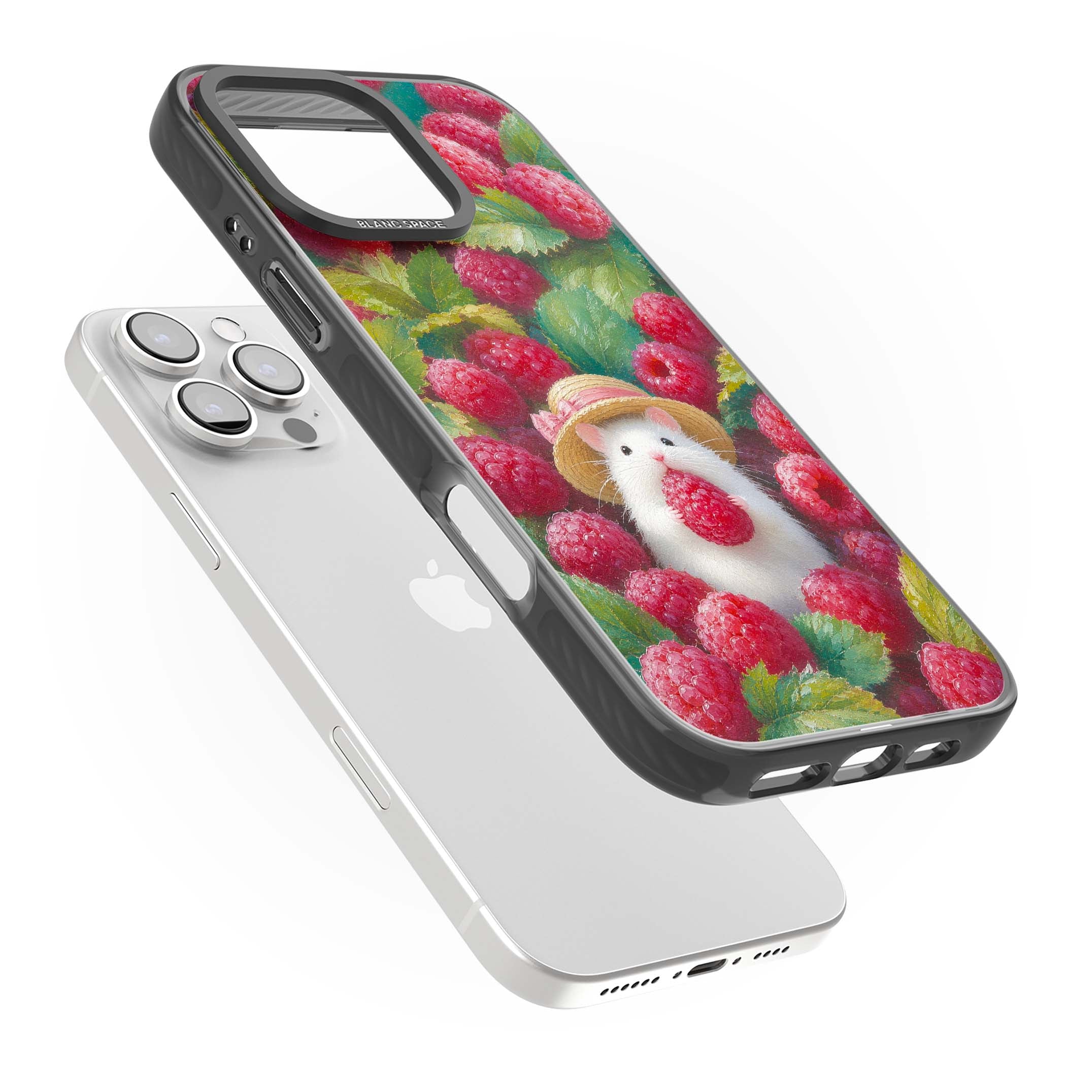 Berry Forager cottagecore iPhone case featuring a white hamster in a straw hat holding a raspberry surrounded by ripe ber | Black Impact case for iPhone 16 Pro, iPhone 16 Pro Max