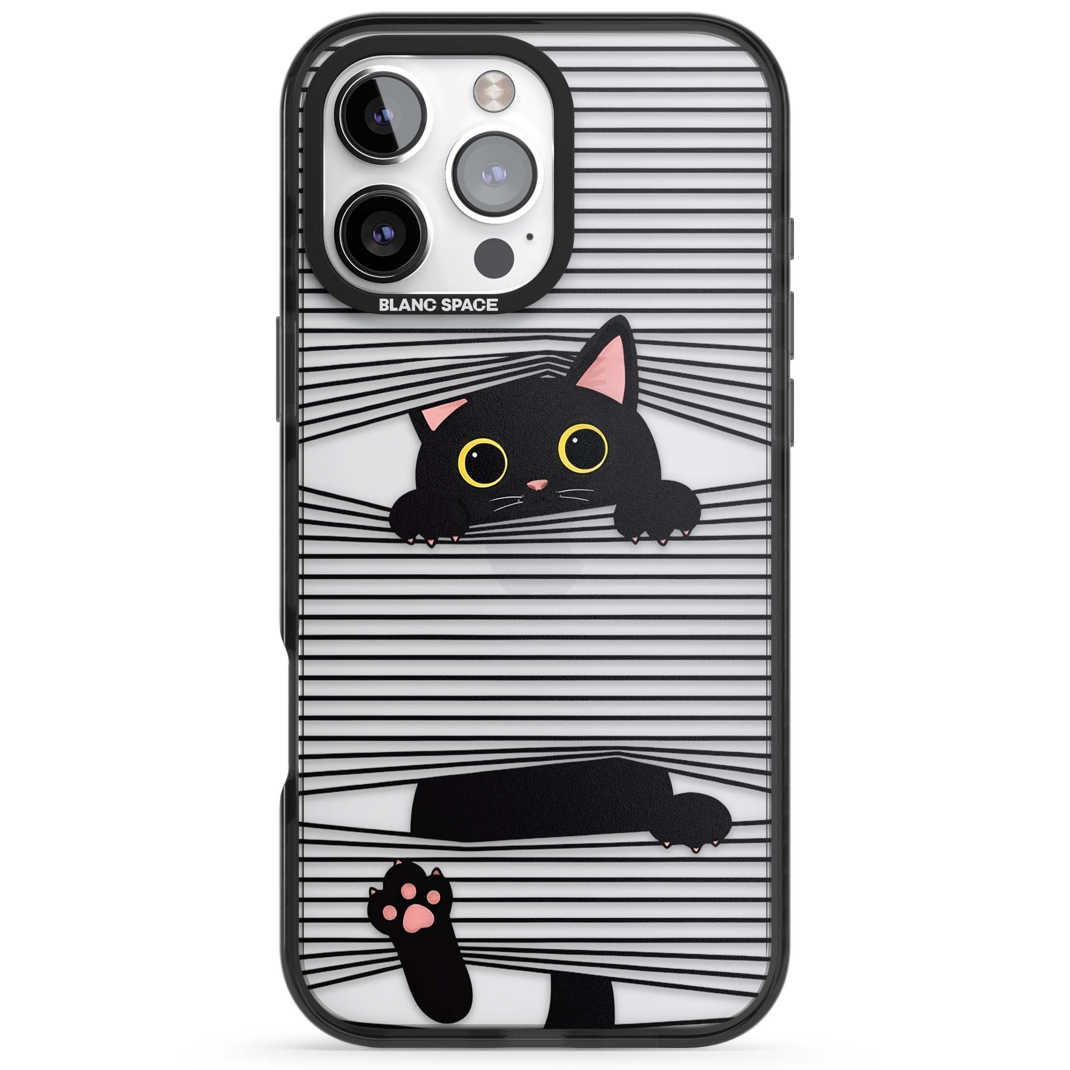 Peek-a-Boo Cat minimal iPhone case featuring black cat peeking through horizontal black and white stripes | Black Impact case for iPhone 16 Pro, iPhone 16 Pro Max