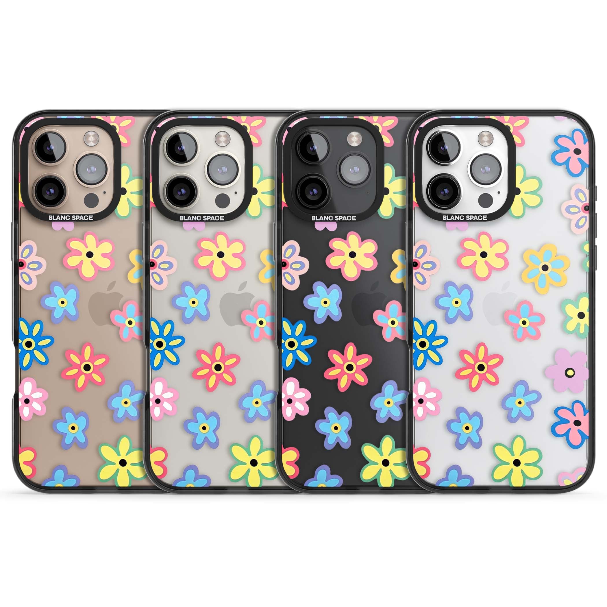 Bloom Pop cottagecore iPhone case featuring multicolor pastel flowers with black centers on clear background | Black Impact case for iPhone 16 Pro, iPhone 16 Pro Max