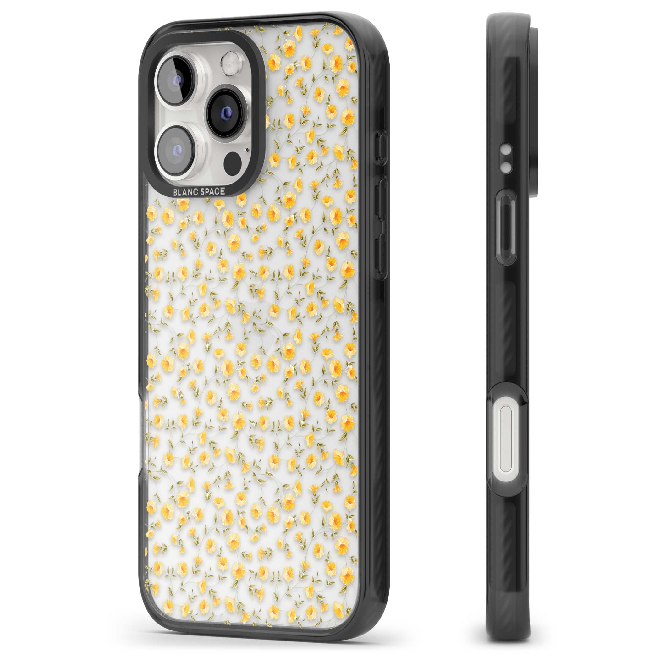 Buttercup wildflower iPhone case featuring tiny yellow flowers and trailing green vines on clear | Black Impact case for iPhone 16 Pro, iPhone 16 Pro Max