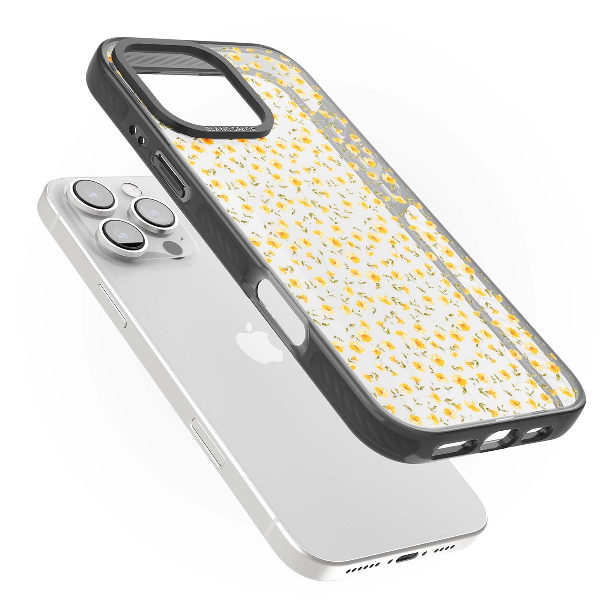 Buttercup wildflower iPhone case featuring tiny yellow flowers and trailing green vines on clear | Black Impact case for iPhone 16 Pro, iPhone 16 Pro Max
