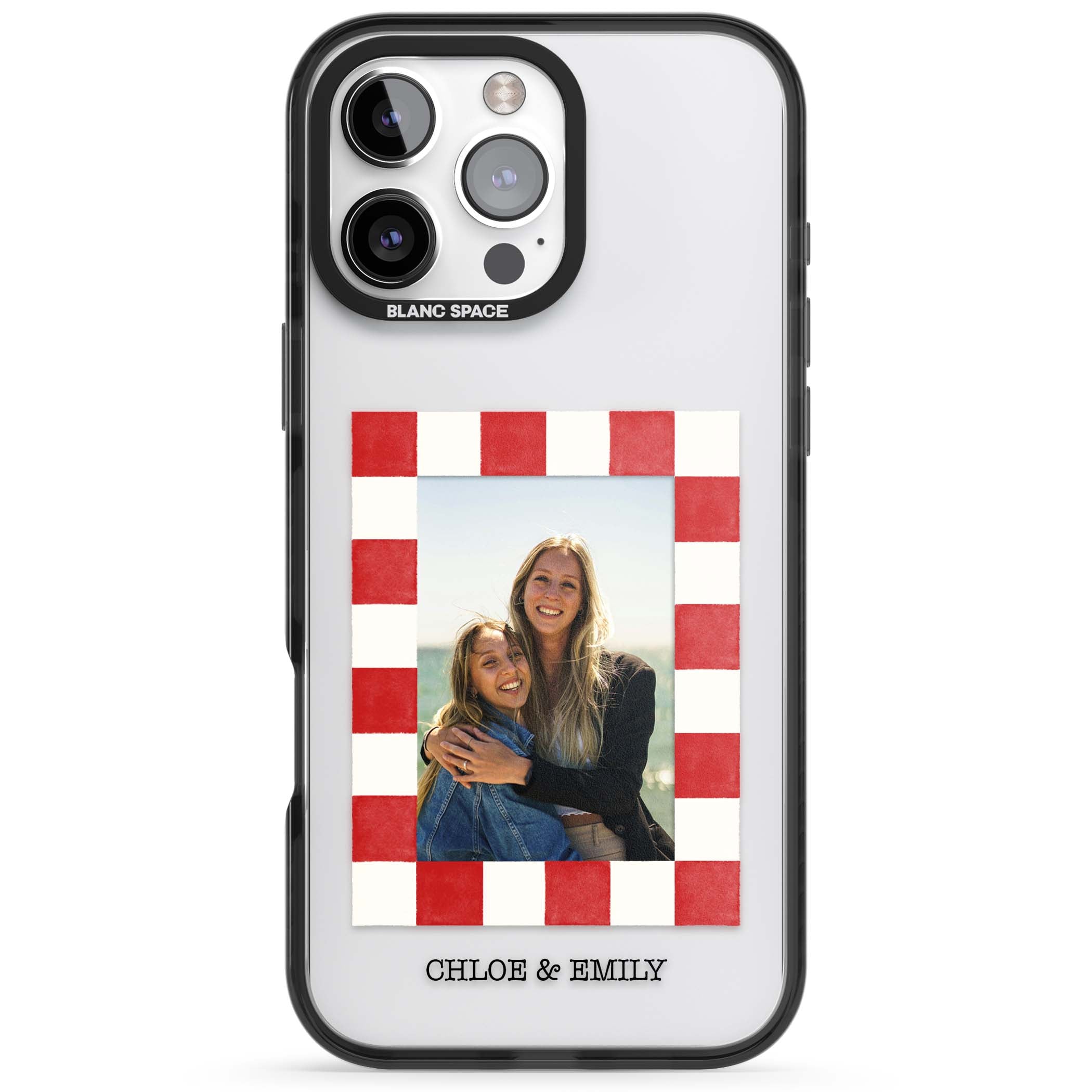 Red Check Photo personalised photo iPhone case with red and white checkered polaroid frame and custom couple name | Black Impact case for iPhone 16 Pro, iPhone 16 Pro Max
