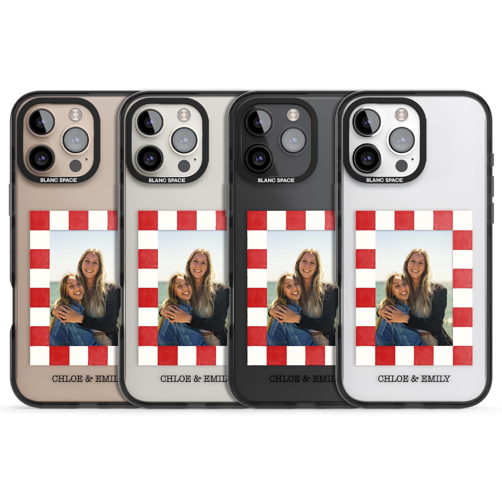 Red Check Photo personalised photo iPhone case with red and white checkered polaroid frame and custom couple name | Black Impact case for iPhone 16 Pro, iPhone 16 Pro Max