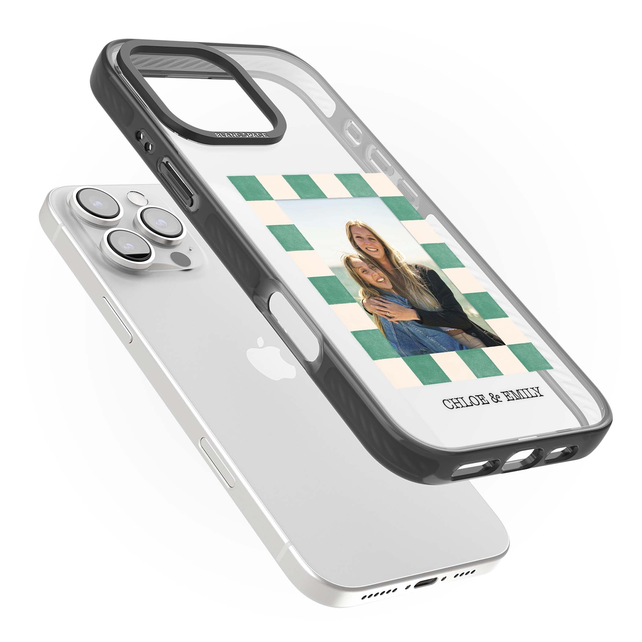 Seafoam Check Photo personalised iPhone case featuring a custom polaroid photo, green and cream checkered frame, and custom n | Black Impact case for iPhone 16 Pro, iPhone 16 Pro Max