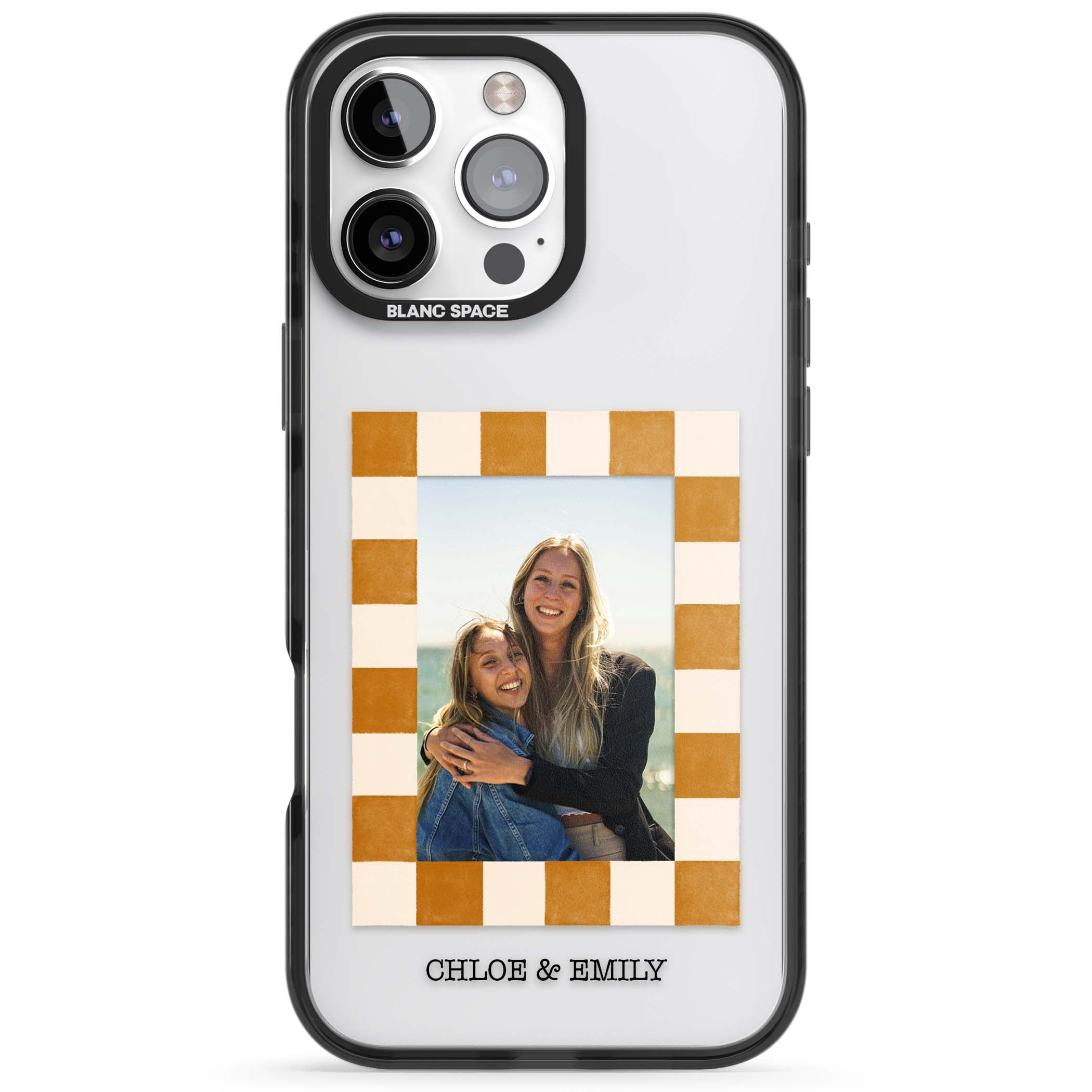 Citrus Check Photo personalised iPhone case with custom photo, orange checkered frame and names underneath | Black Impact case for iPhone 16 Pro, iPhone 16 Pro Max