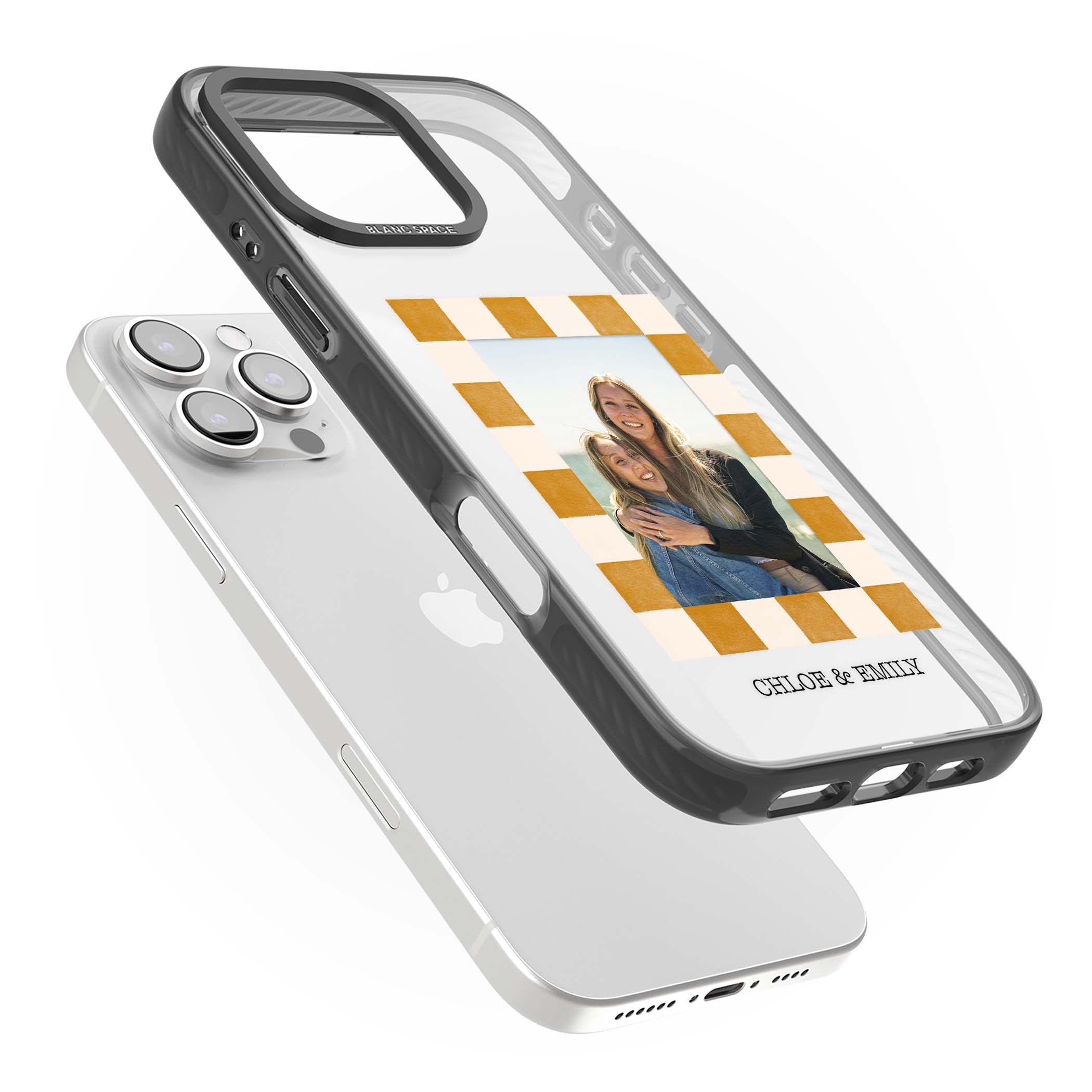 Citrus Check Photo personalised iPhone case with custom photo, orange checkered frame and names underneath | Black Impact case for iPhone 16 Pro, iPhone 16 Pro Max