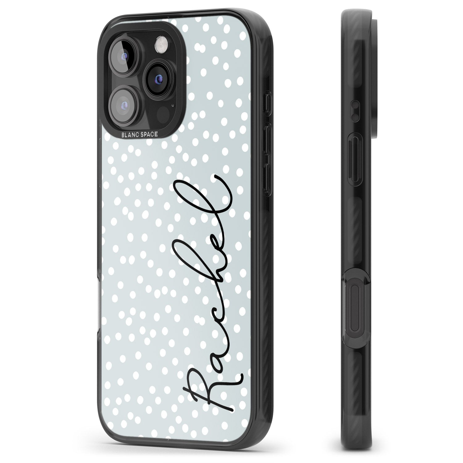 iPhone 16 Pro Max Personalised Vertical Cursive & Dots Black Impact Phone Case