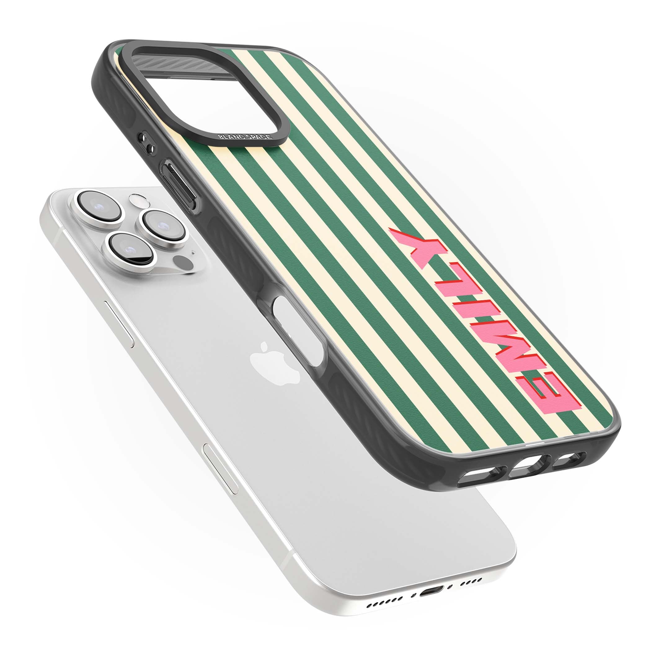 Wimbledon Stripe preppy iPhone case featuring green and cream vertical stripes with a personalised pink name | Black Impact case for iPhone 16 Pro, iPhone 16 Pro Max