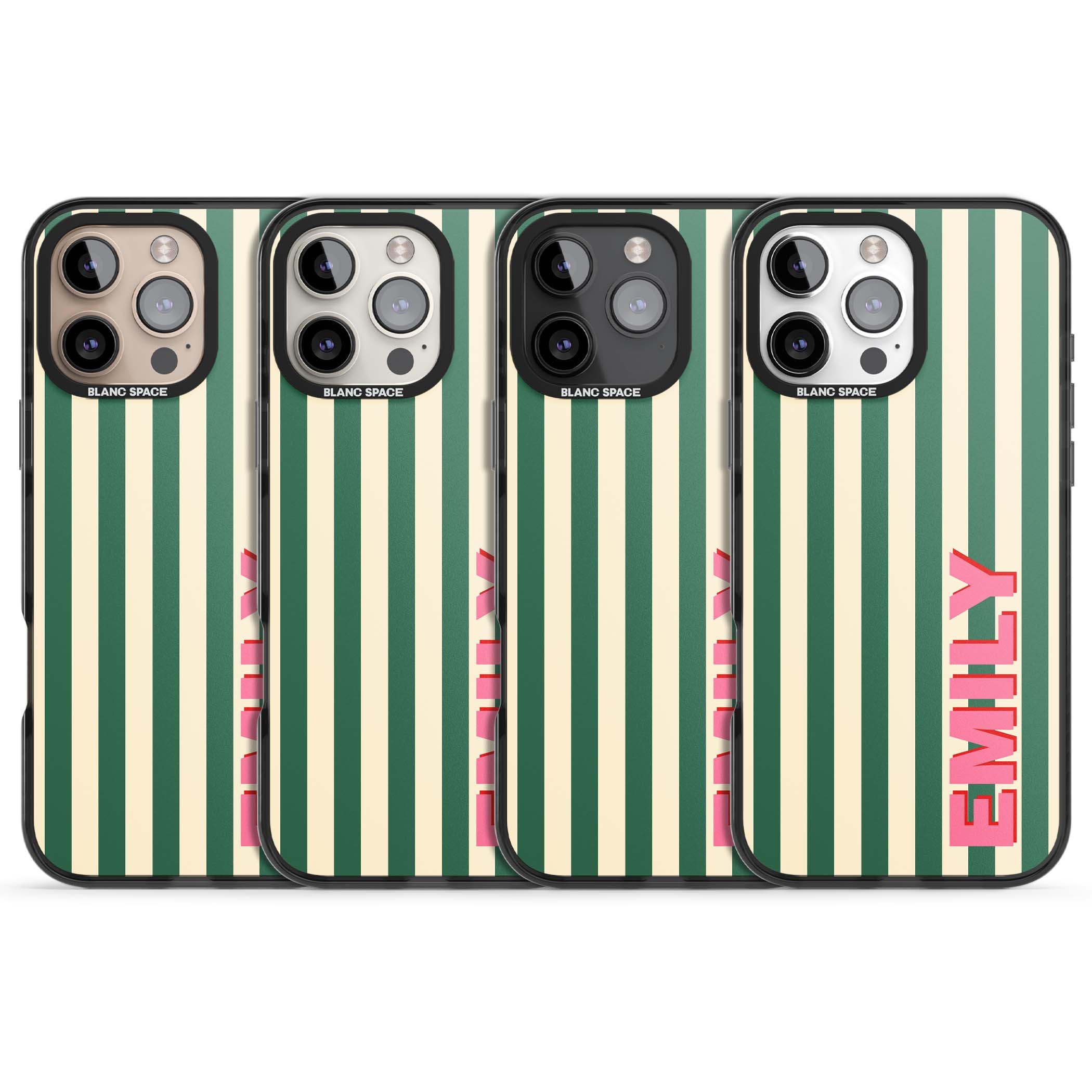 Wimbledon Stripe preppy iPhone case featuring green and cream vertical stripes with a personalised pink name | Black Impact case for iPhone 16 Pro, iPhone 16 Pro Max