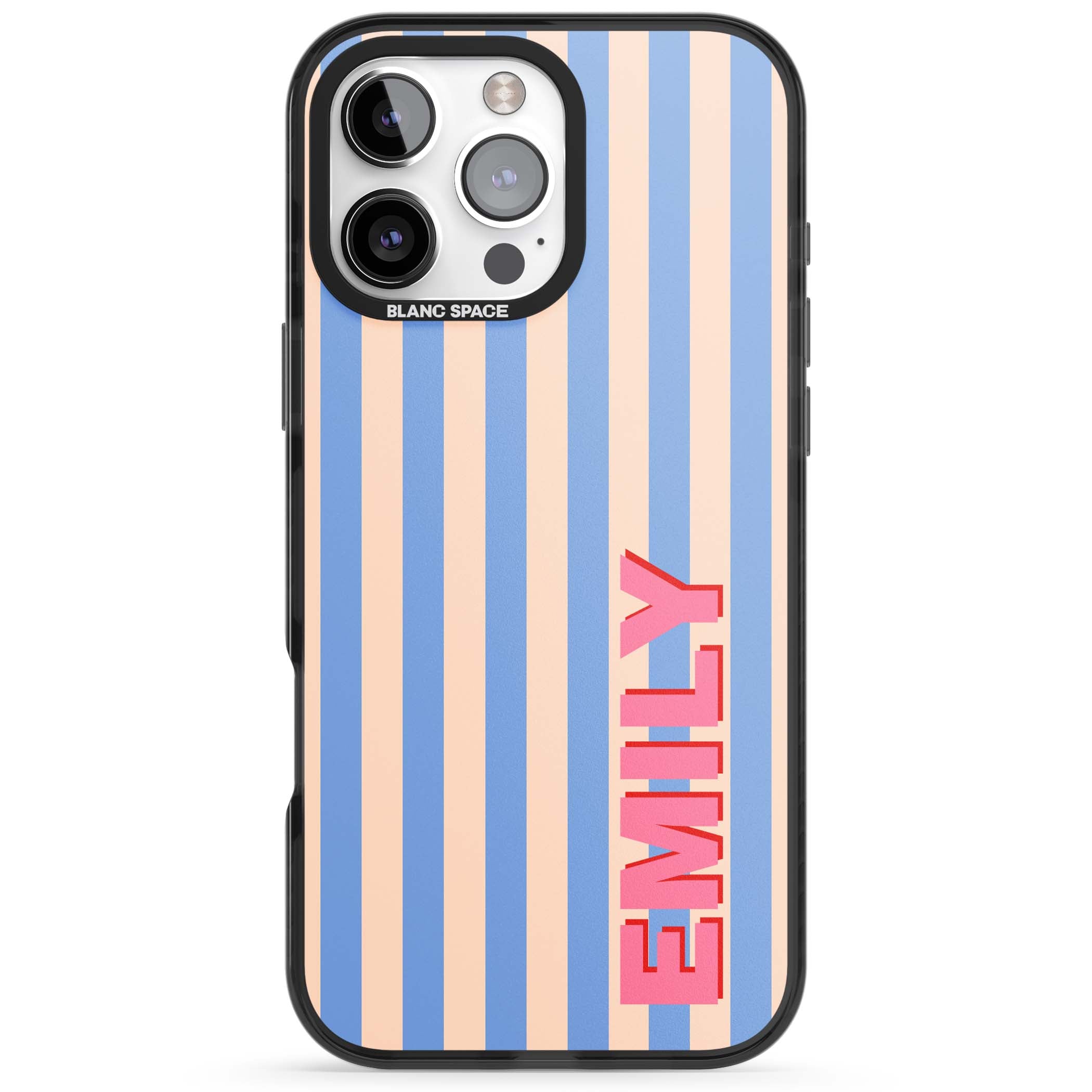 Coastal Stripe personalised coastal iPhone case with blue and peach vertical stripes and custom pink name | Black Impact case for iPhone 16 Pro, iPhone 16 Pro Max