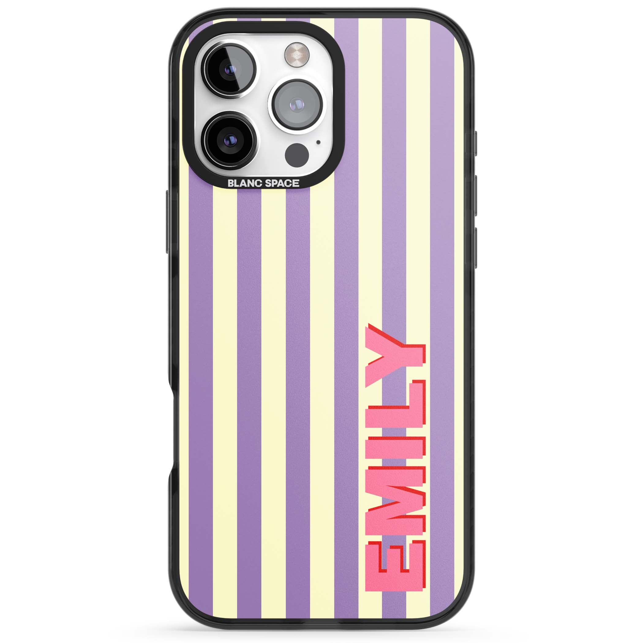 Valensole Stripe personalised iPhone case with purple and cream vertical stripes and pink custom name | Black Impact case for iPhone 16 Pro, iPhone 16 Pro Max