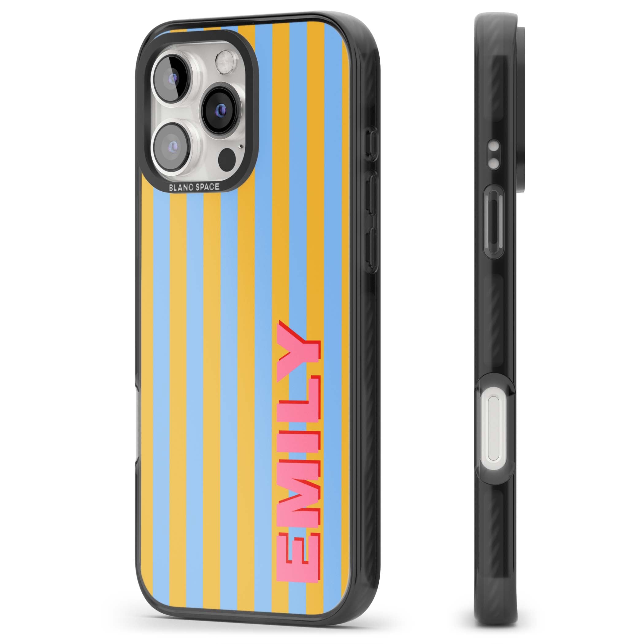 Carribean Stripe personalised coastal iPhone case with yellow and blue vertical stripes and a custom pink name | Black Impact case for iPhone 16 Pro, iPhone 16 Pro Max