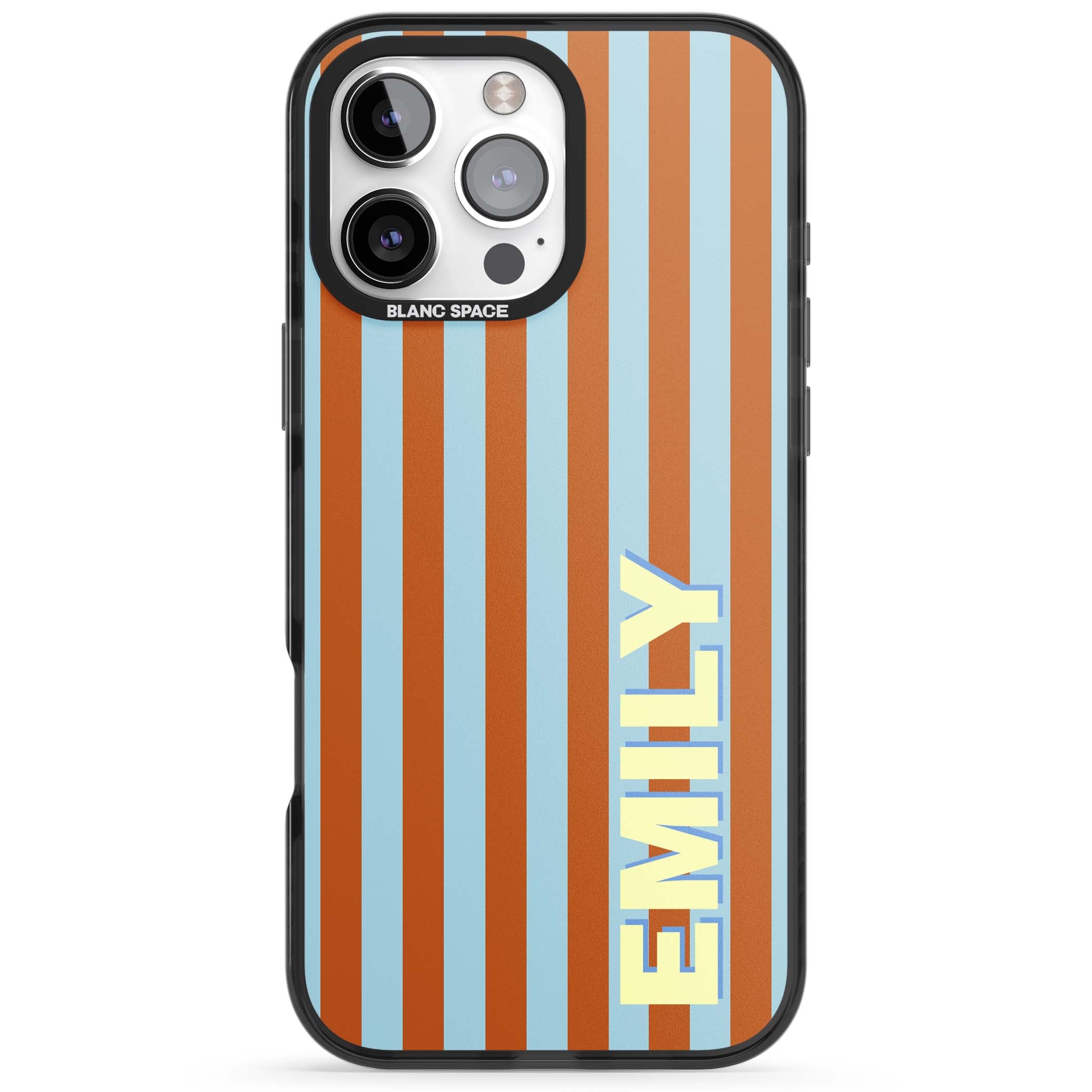 Cappadocia Stripe personalised coastal iPhone case featuring blue and orange vertical stripes with custom cream name | Black Impact case for iPhone 16 Pro, iPhone 16 Pro Max