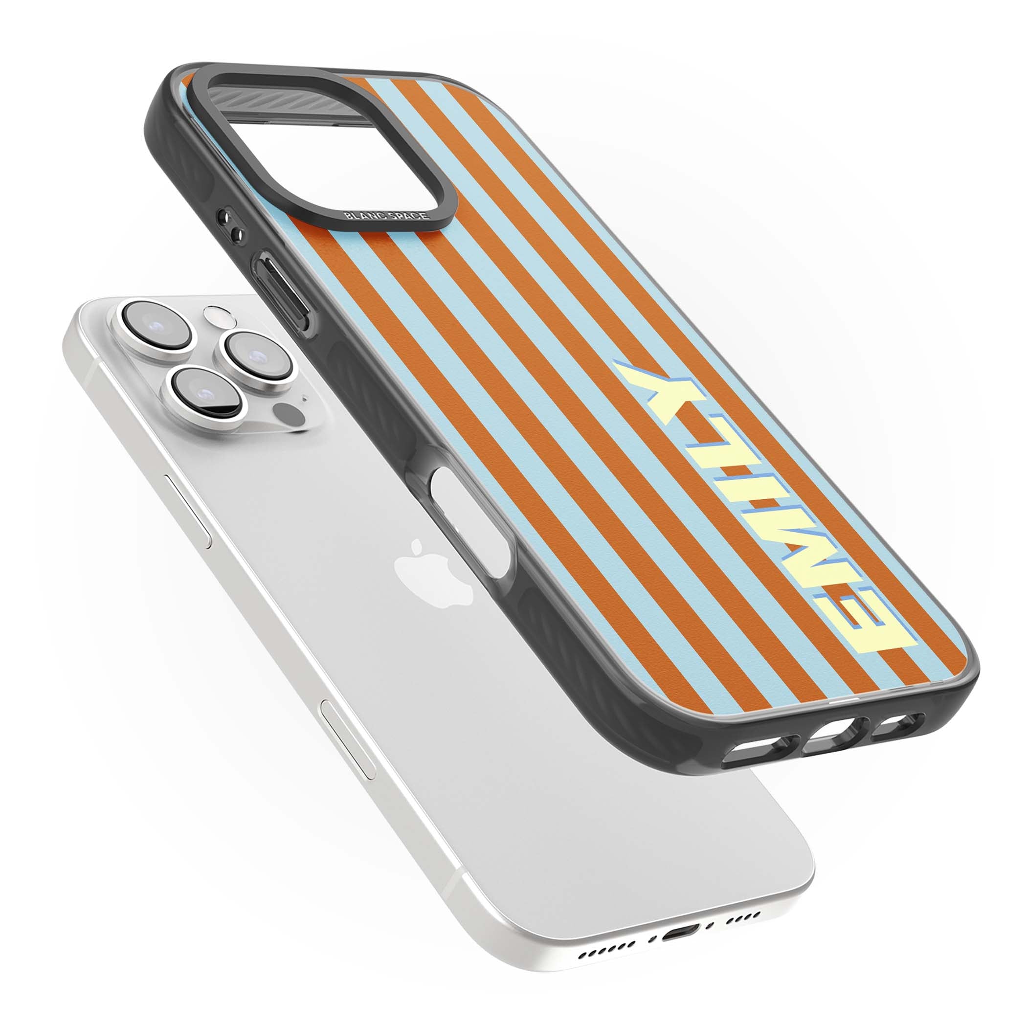 Cappadocia Stripe personalised coastal iPhone case featuring blue and orange vertical stripes with custom cream name | Black Impact case for iPhone 16 Pro, iPhone 16 Pro Max