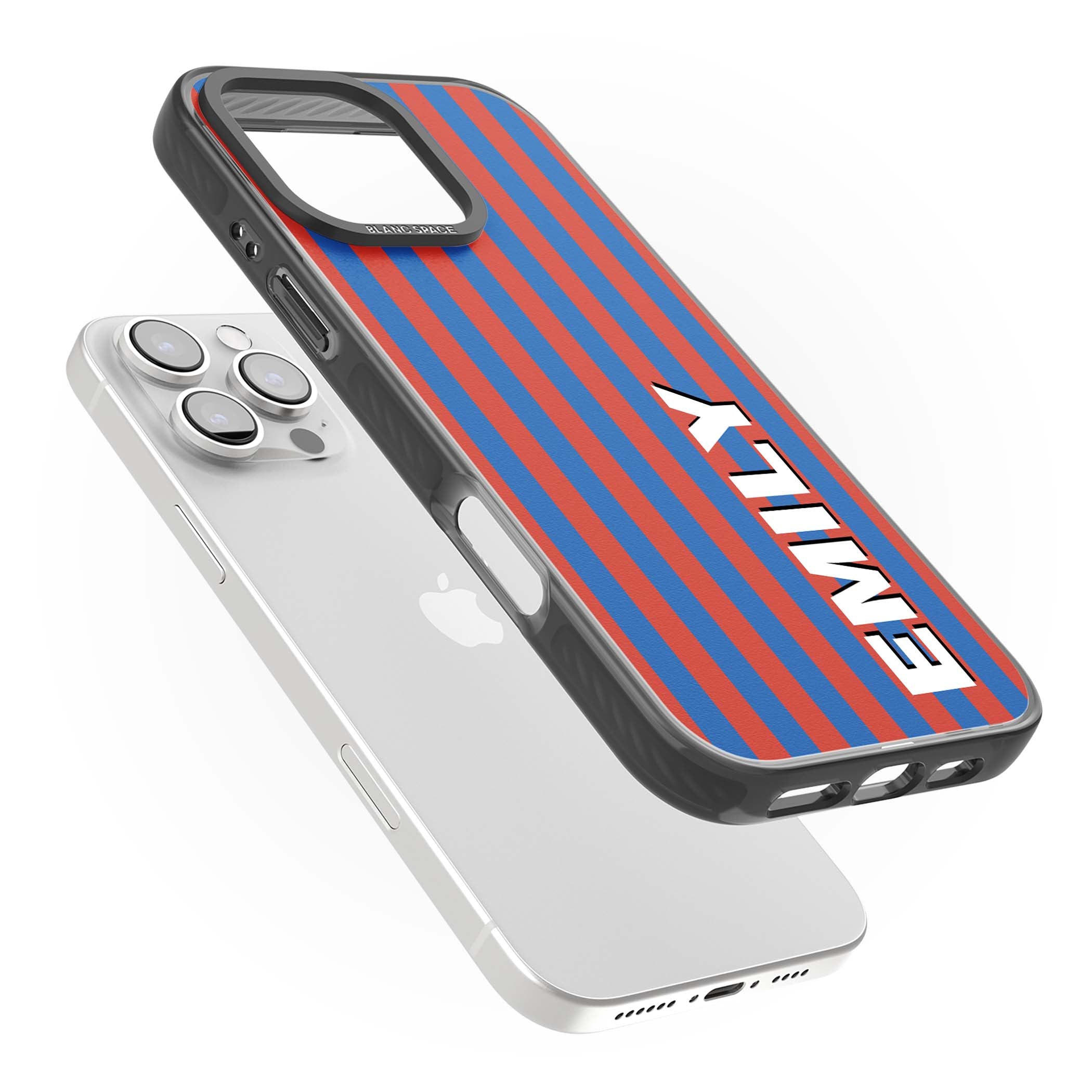 Cuban Stripe personalised iPhone case featuring red and blue vertical stripes with custom name in bold white letters | Black Impact case for iPhone 16 Pro, iPhone 16 Pro Max