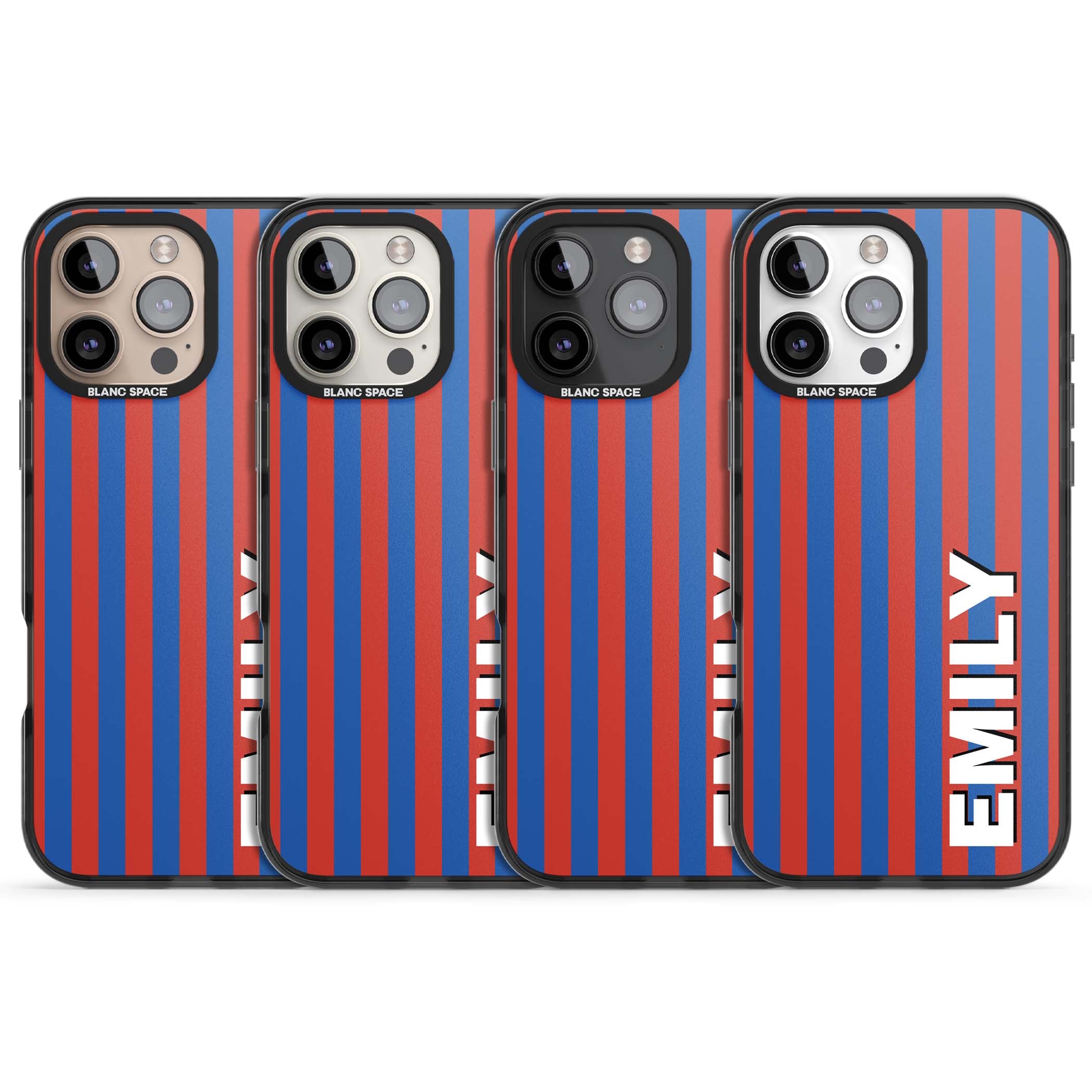 Cuban Stripe personalised iPhone case featuring red and blue vertical stripes with custom name in bold white letters | Black Impact case for iPhone 16 Pro, iPhone 16 Pro Max
