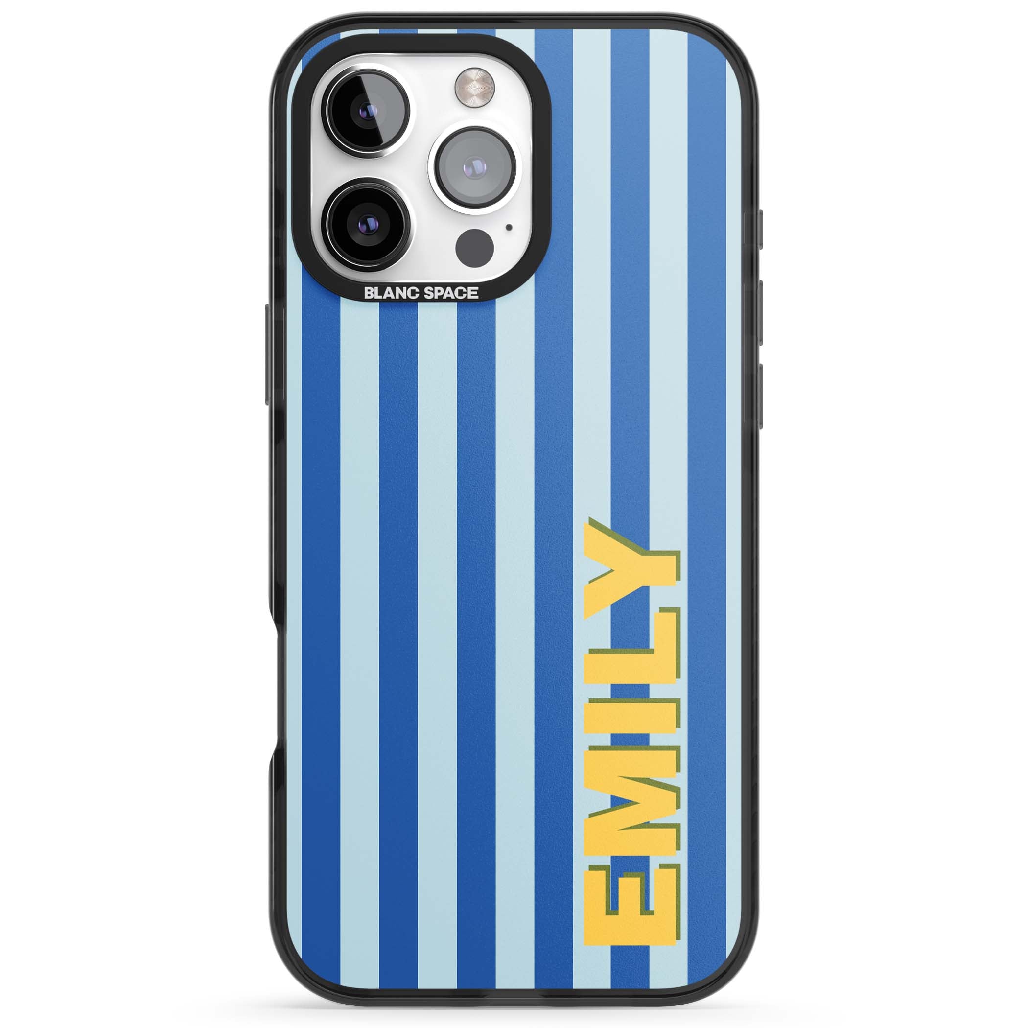 Athenian Stripe personalised preppy iPhone case featuring blue vertical stripes and a custom yellow name | Black Impact case for iPhone 16 Pro, iPhone 16 Pro Max