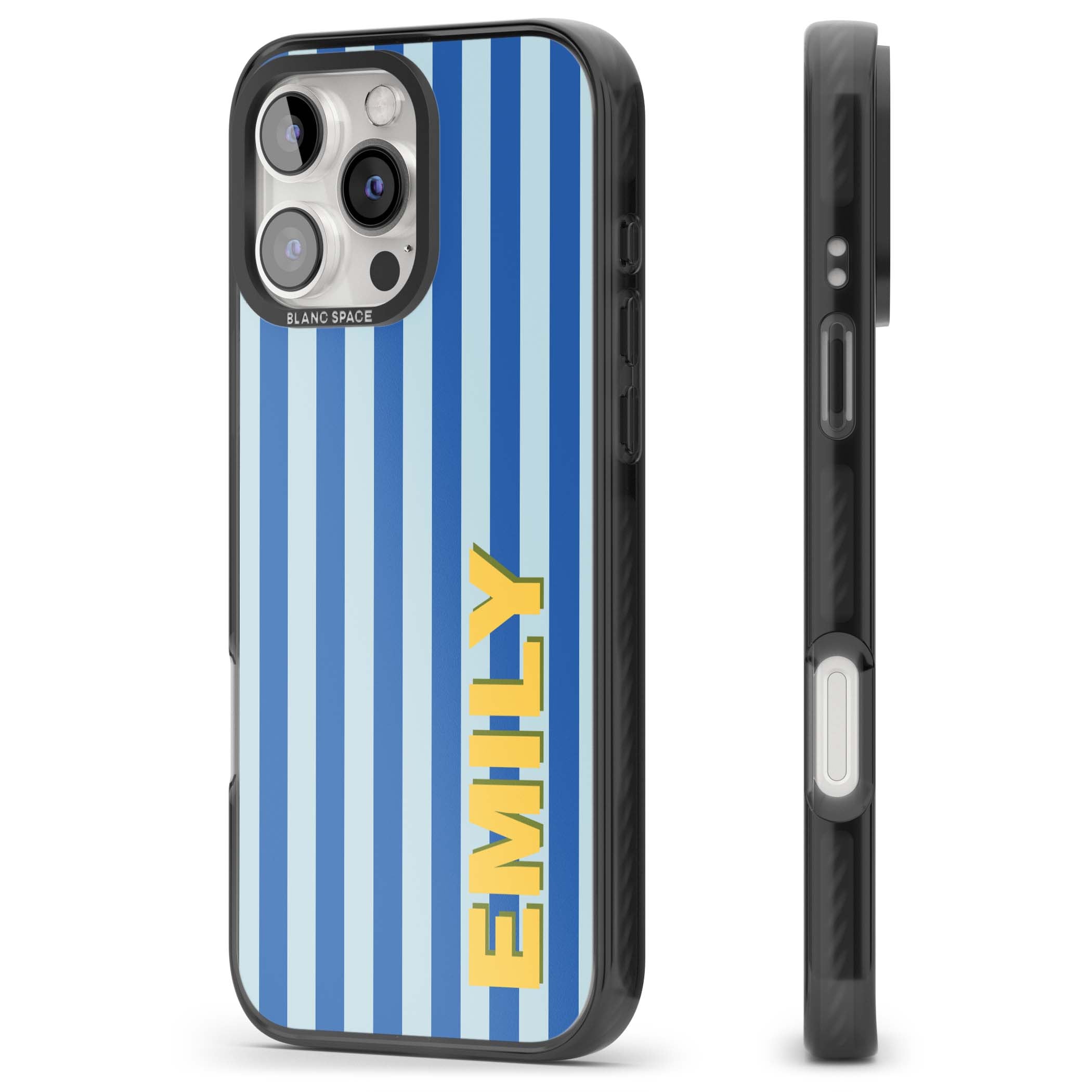 Athenian Stripe personalised preppy iPhone case featuring blue vertical stripes and a custom yellow name | Black Impact case for iPhone 16 Pro, iPhone 16 Pro Max