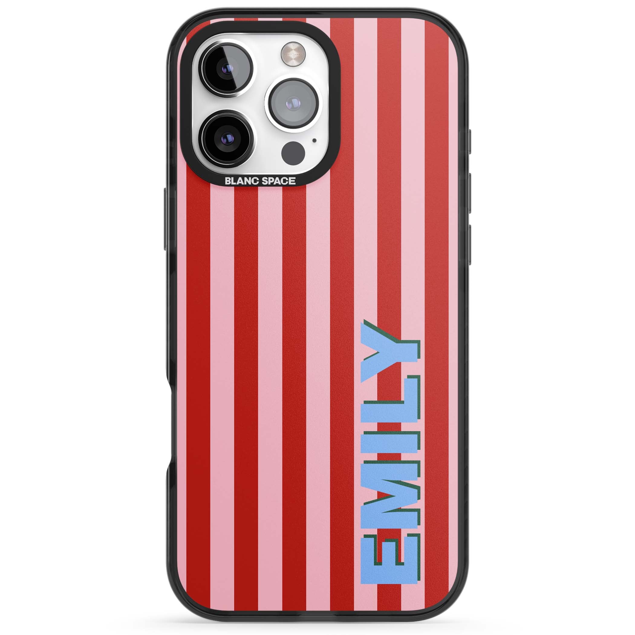 Market Stripe personalised iPhone case with red and pink vertical stripes and custom blue name | Black Impact case for iPhone 16 Pro, iPhone 16 Pro Max