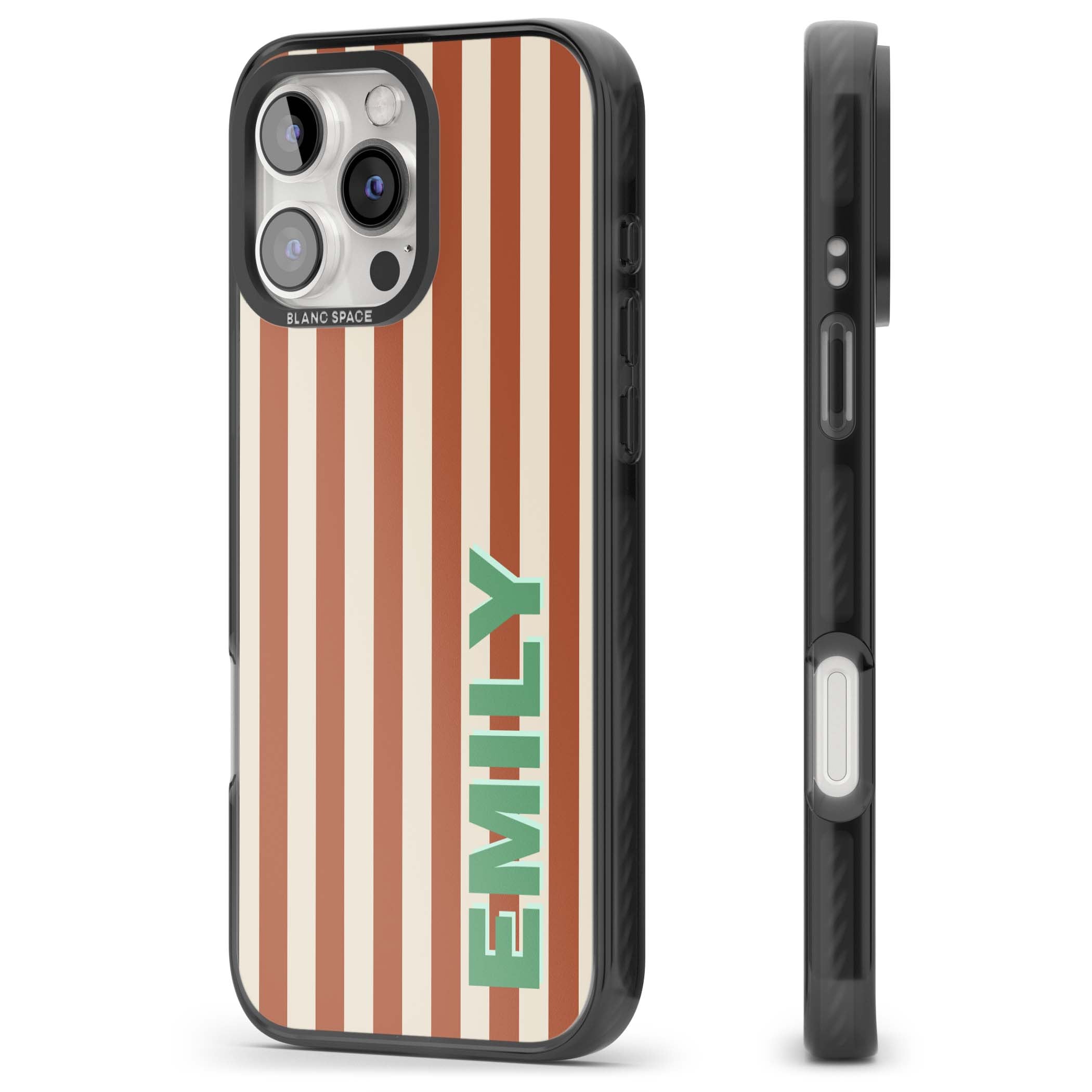 Dune Stripe personalised iPhone case with rust and cream vertical stripes and custom name in mint green | Black Impact case for iPhone 16 Pro, iPhone 16 Pro Max
