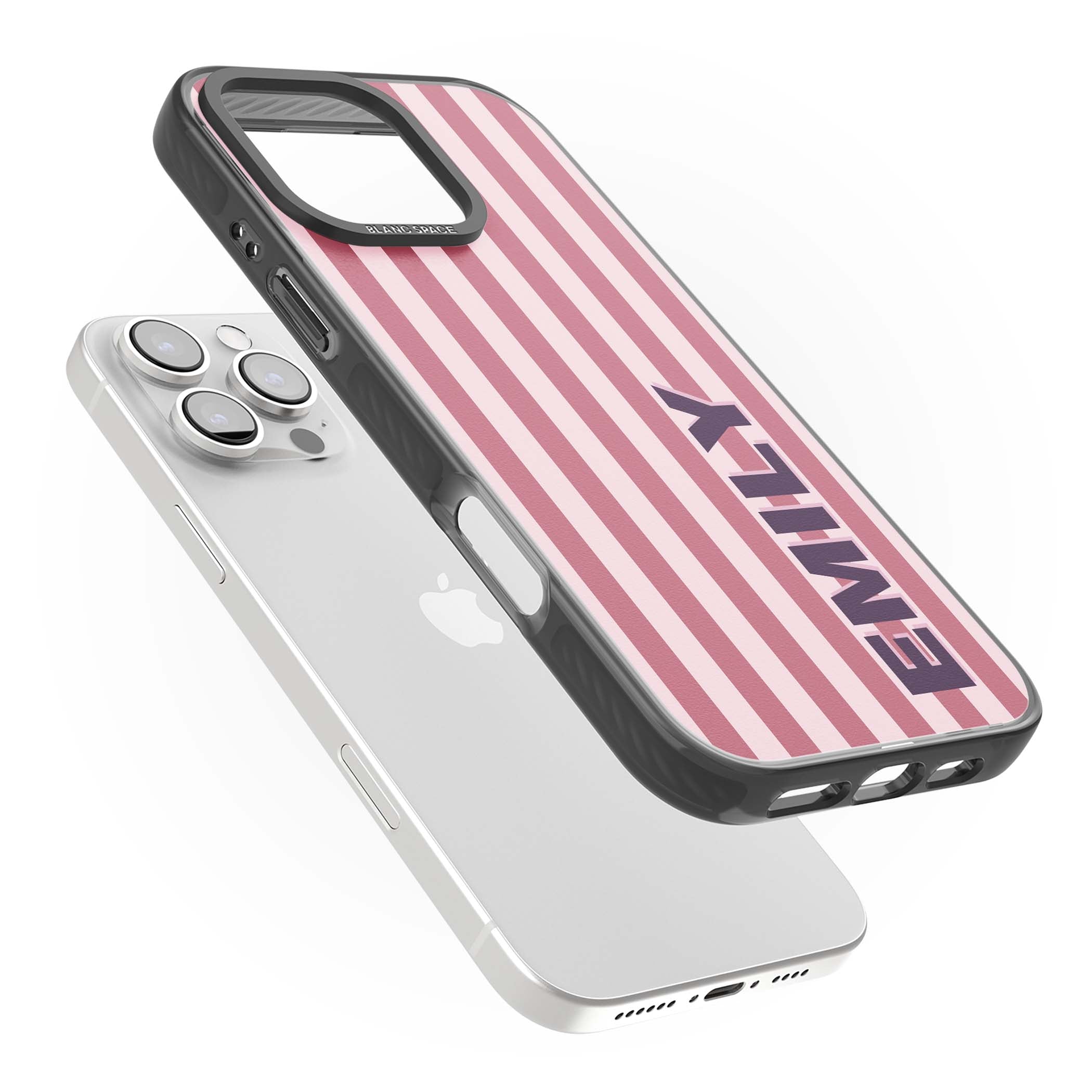 Victoria Stripe personalised iPhone case featuring pink vertical stripes and custom name in bold plum lettering | Black Impact case for iPhone 16 Pro, iPhone 16 Pro Max