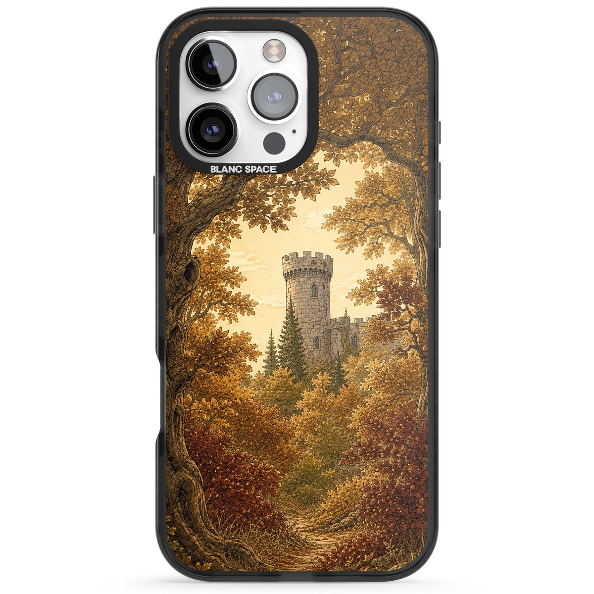 Autumn Keep cottagecore iPhone case featuring a medieval castle tower framed by golden autumn trees and woodland foliage | Black Impact case for iPhone 16 Pro, iPhone 16 Pro Max