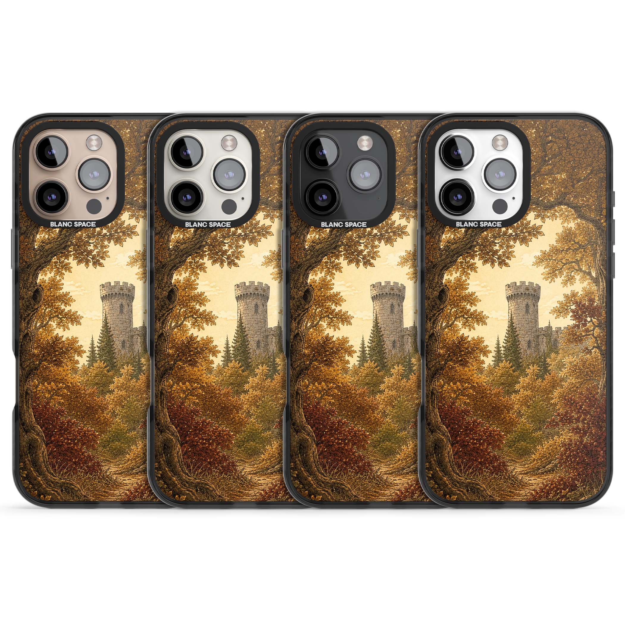 Autumn Keep cottagecore iPhone case featuring a medieval castle tower framed by golden autumn trees and woodland foliage | Black Impact case for iPhone 16 Pro, iPhone 16 Pro Max