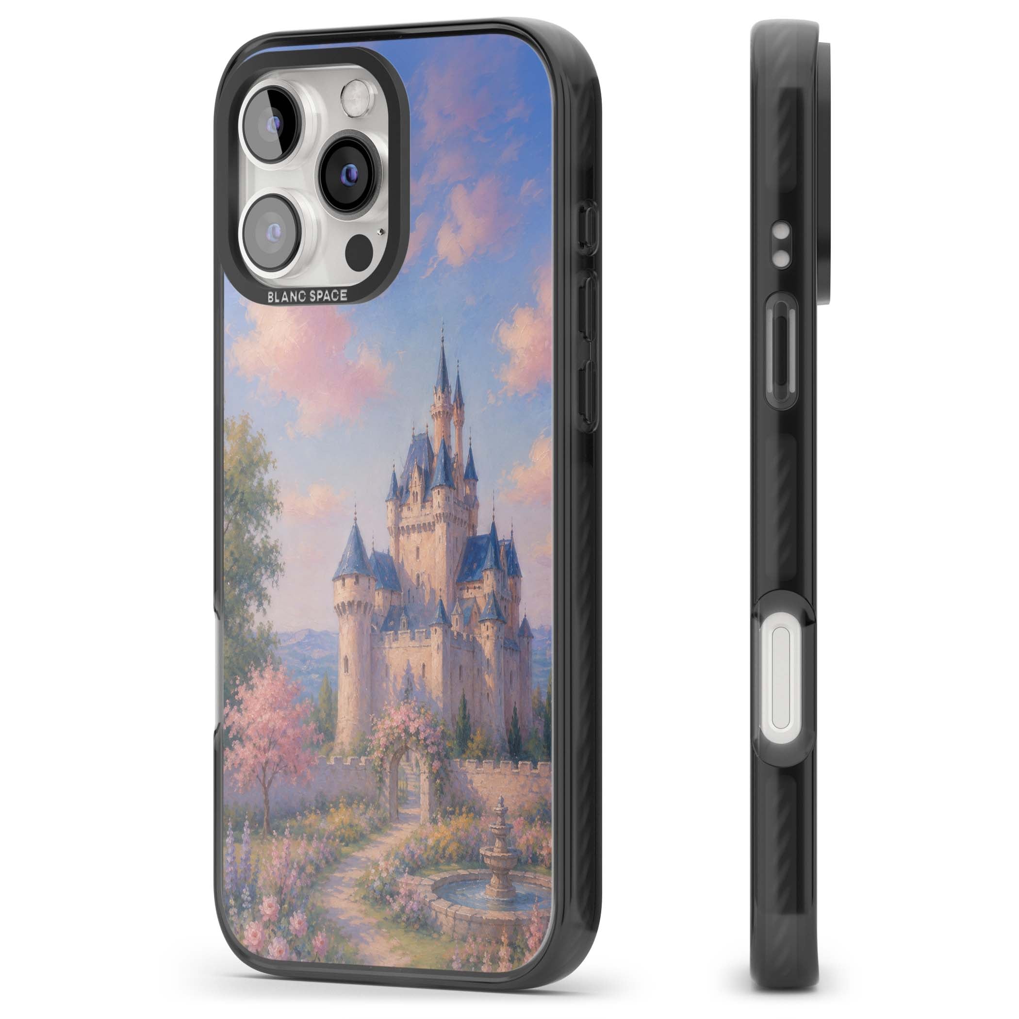 Enchanted Kingdom fairytale iPhone case featuring a romantic castle painting with cherry blossoms and pastel pink sky | Black Impact case for iPhone 16 Pro, iPhone 16 Pro Max