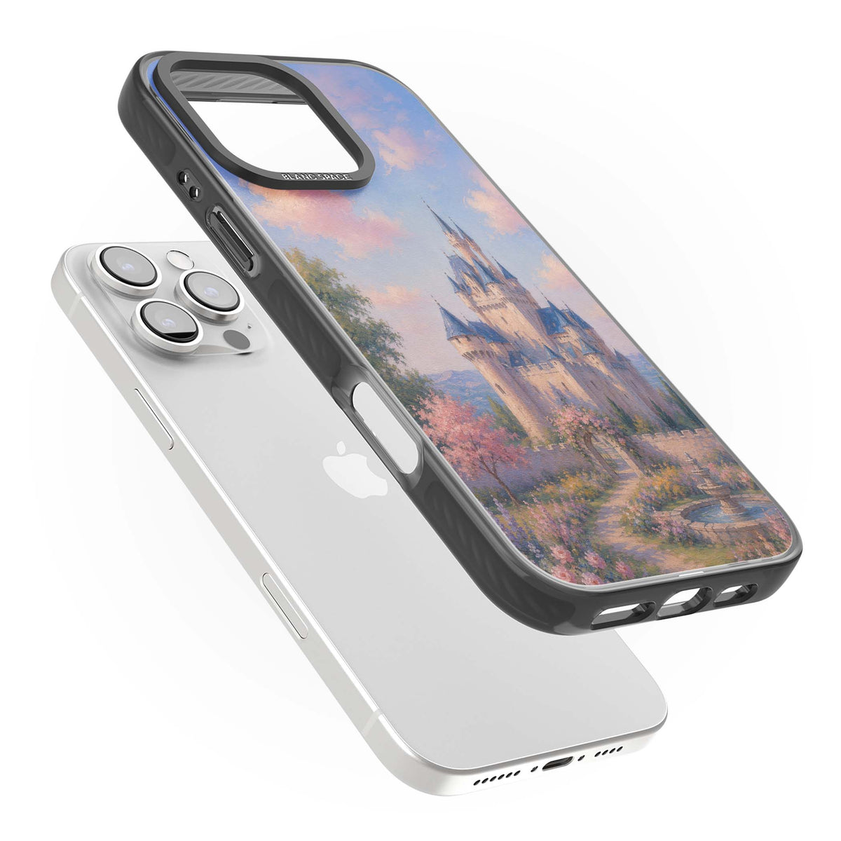 Enchanted Kingdom fairytale iPhone case featuring a romantic castle painting with cherry blossoms and pastel pink sky | Black Impact case for iPhone 16 Pro, iPhone 16 Pro Max