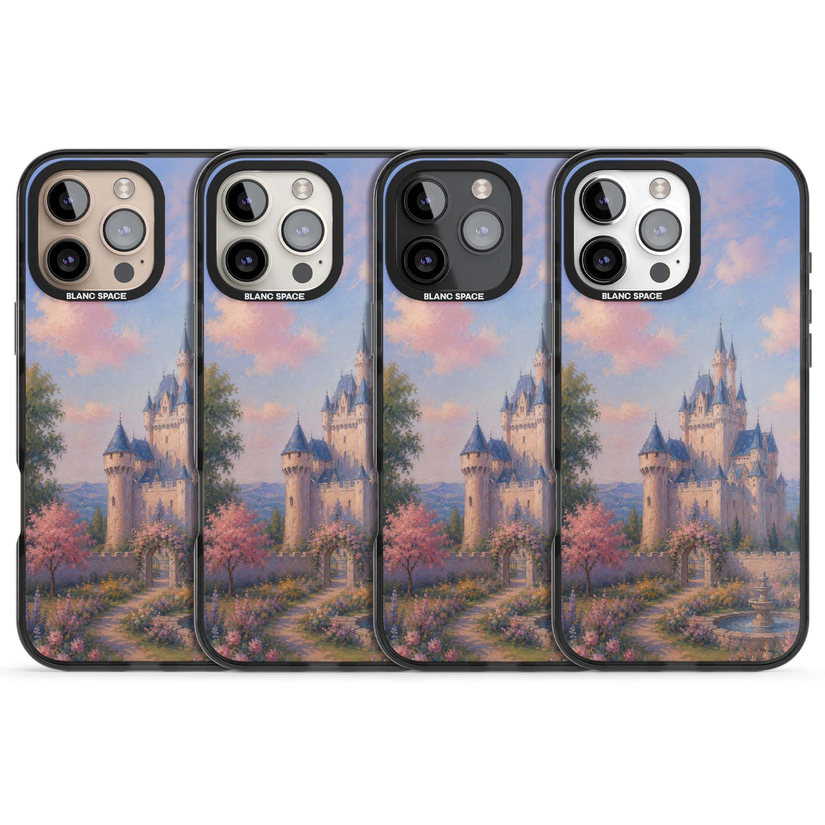 Enchanted Kingdom fairytale iPhone case featuring a romantic castle painting with cherry blossoms and pastel pink sky | Black Impact case for iPhone 16 Pro, iPhone 16 Pro Max