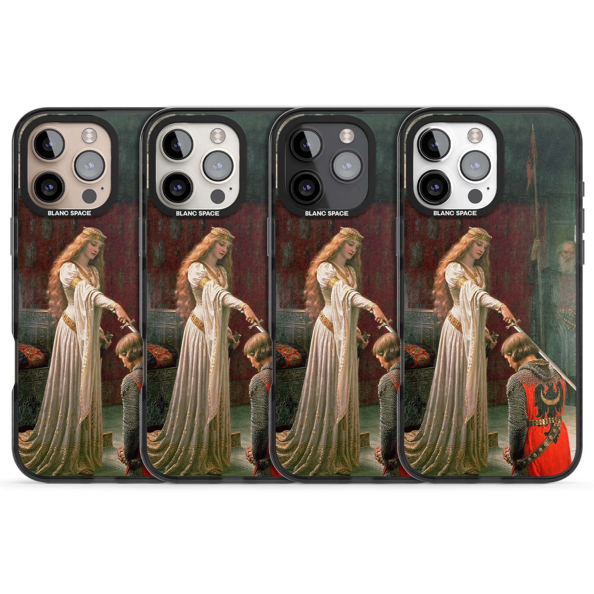 The Accolade renaissance art iPhone case featuring Edmund Blair Leighton's painting of a queen knighting a kneeling knight | Black Impact case for iPhone 16 Pro, iPhone 16 Pro Max