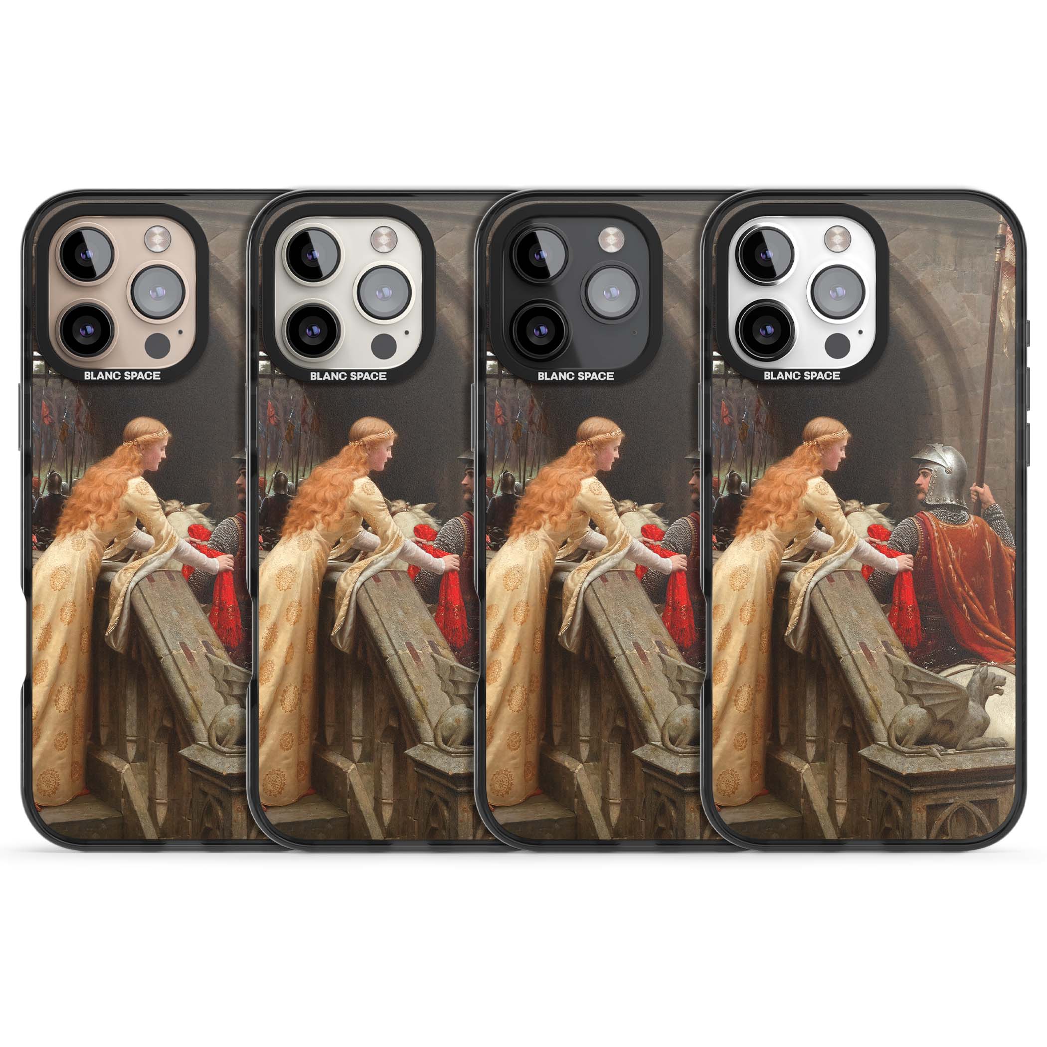 God Speed fine art iPhone case featuring Edmund Blair Leighton's medieval knight and lady beneath a stone archway | Black Impact case for iPhone 16 Pro, iPhone 16 Pro Max