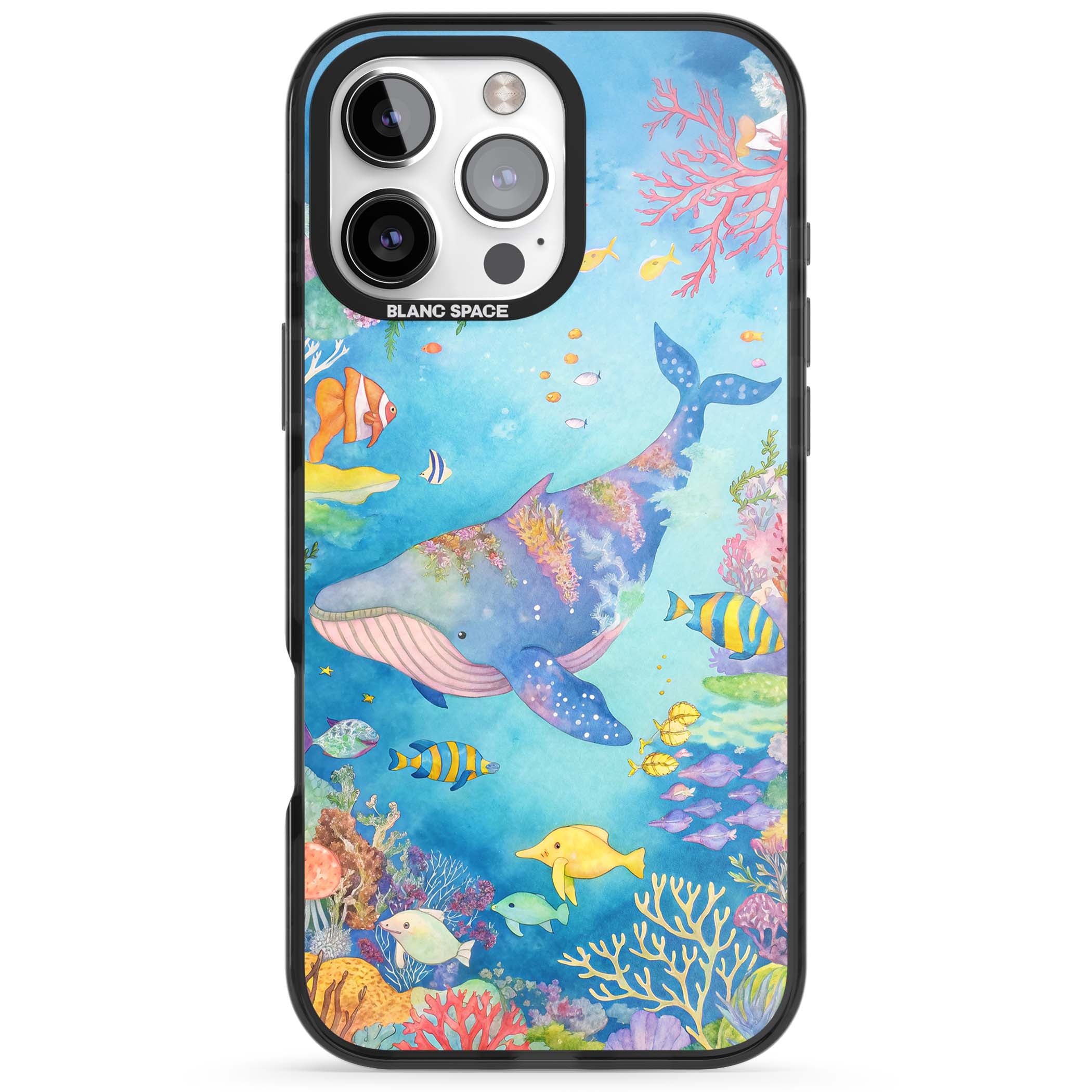 Coral Lagoon ocean iPhone case featuring a watercolour whale, coral reef and tropical fish | Black Impact case for iPhone 16 Pro, iPhone 16 Pro Max