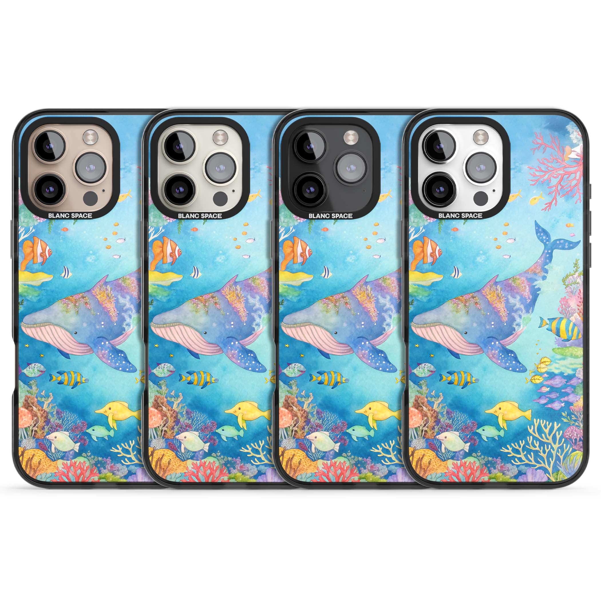 Coral Lagoon ocean iPhone case featuring a watercolour whale, coral reef and tropical fish | Black Impact case for iPhone 16 Pro, iPhone 16 Pro Max