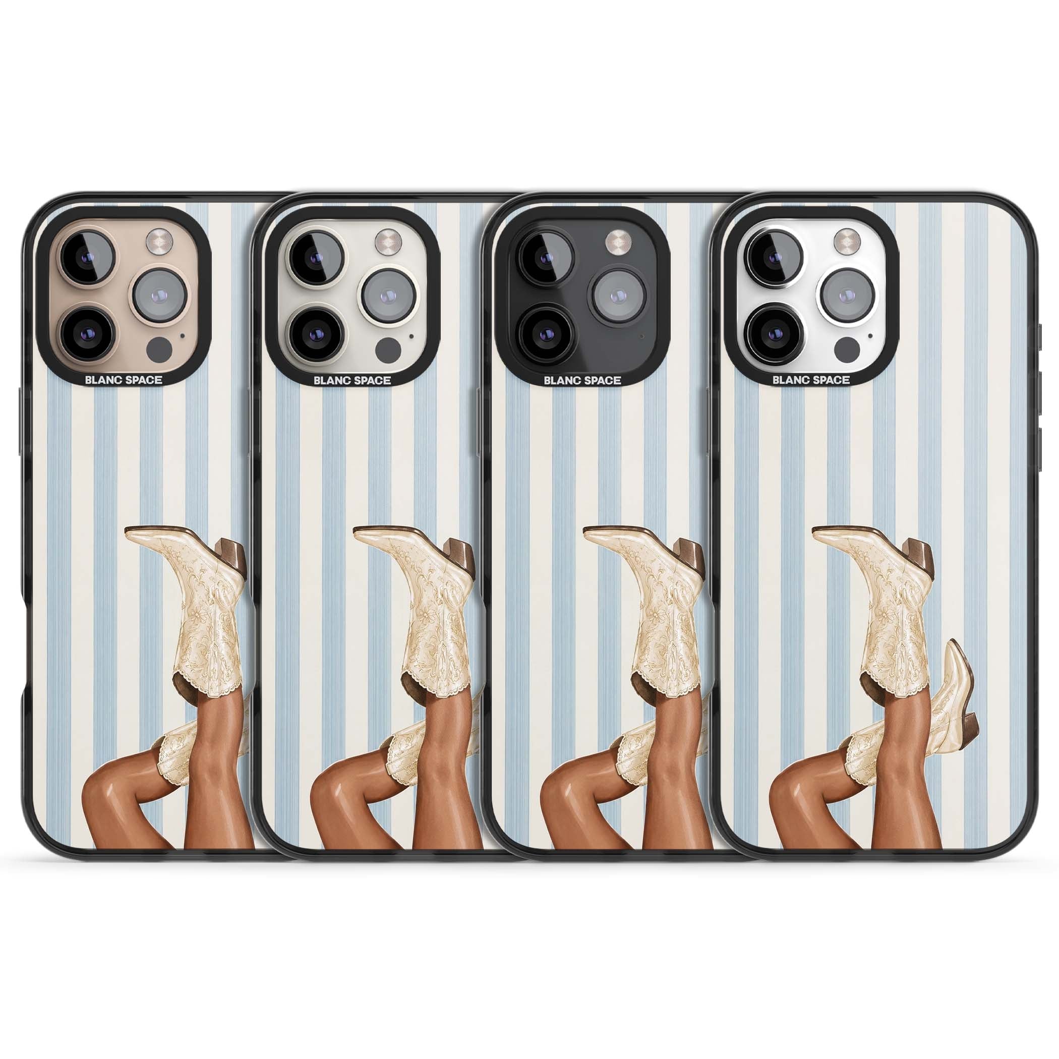 Cowgirl Boots coastal cowgirl iPhone case featuring embroidered western boots, tanned legs and a blue stripe backdrop | Black Impact case for iPhone 16 Pro, iPhone 16 Pro Max