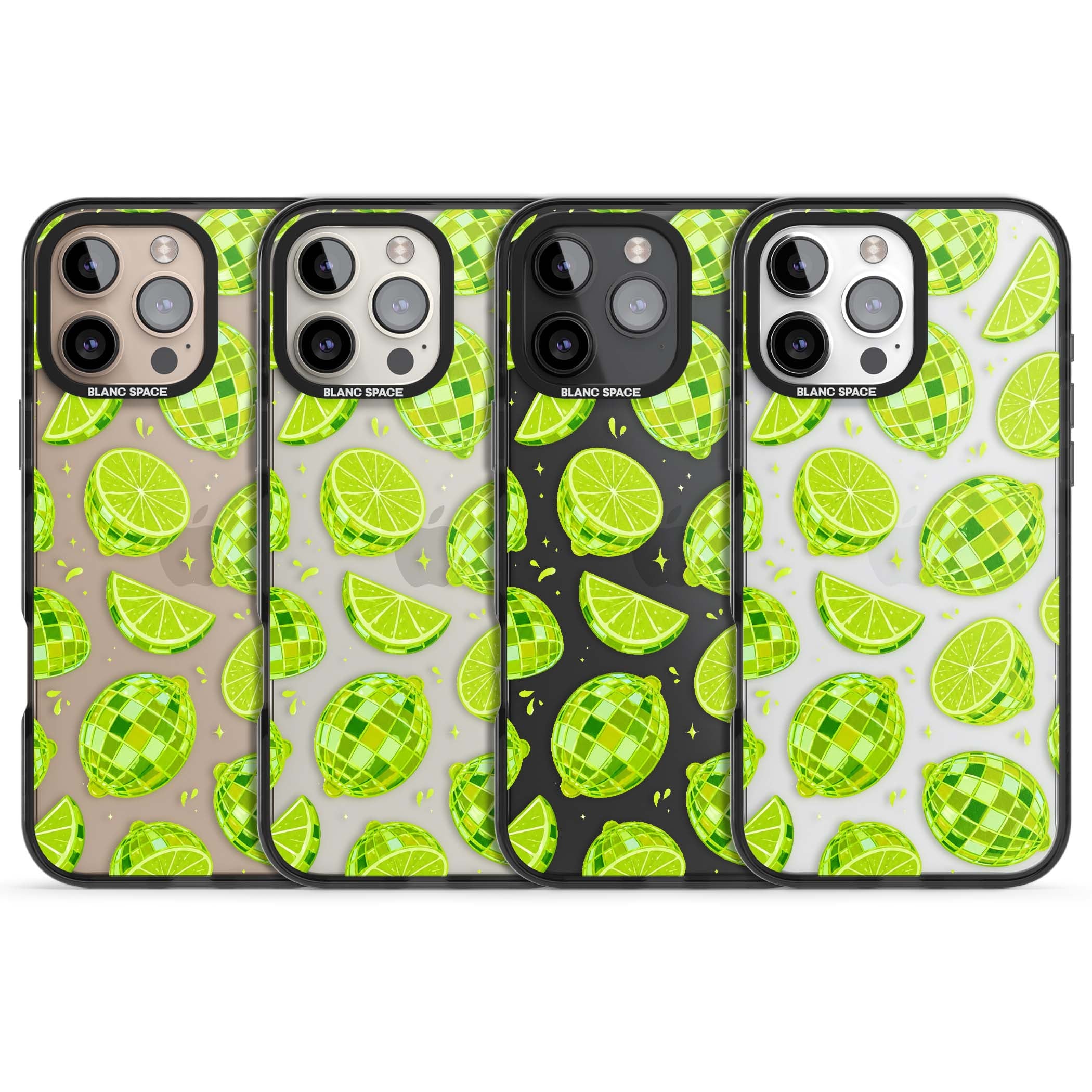 Disco Limes fruit aesthetic iPhone case featuring green disco balls, lime slices and citrus sparkles | Black Impact case for iPhone 16 Pro, iPhone 16 Pro Max