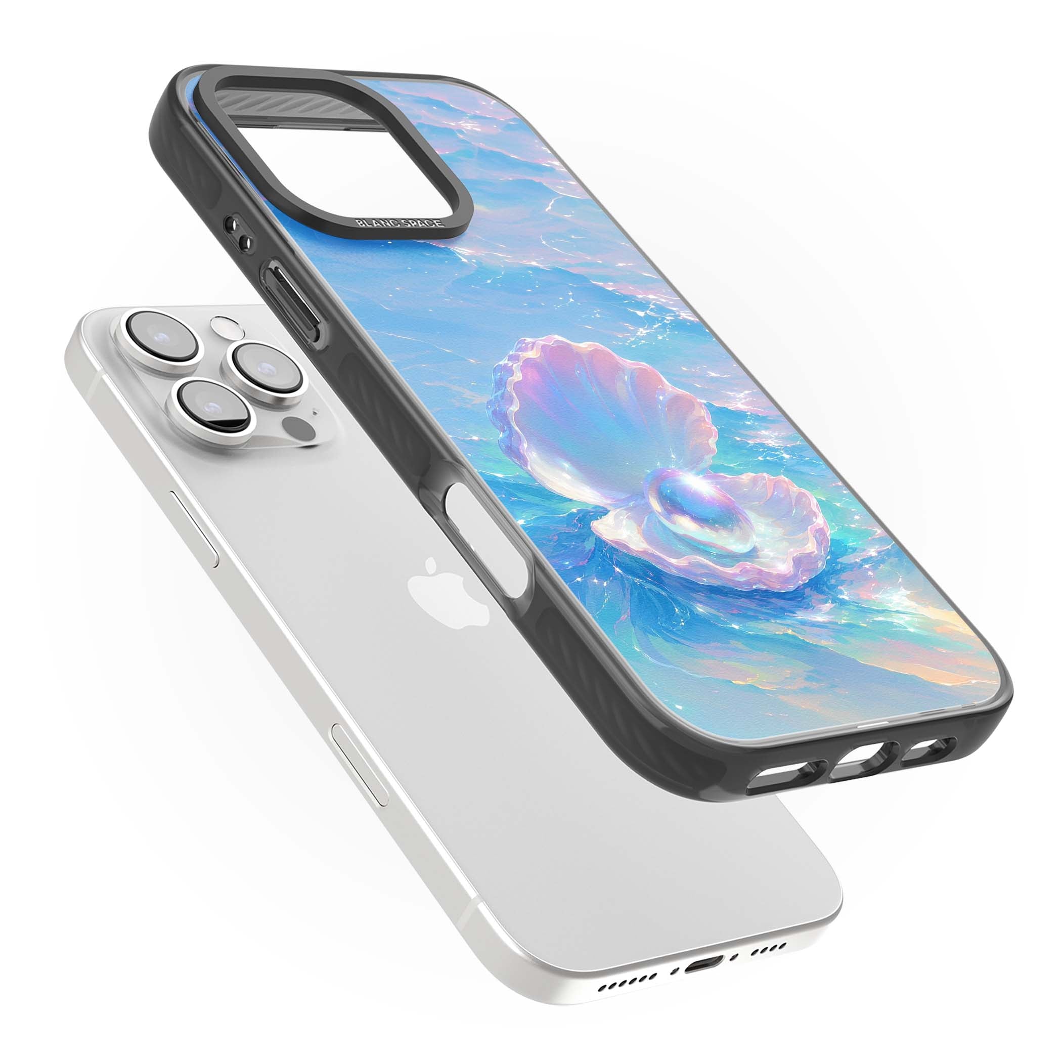 The Pearl Clam mermaidcore iPhone case featuring iridescent seashell, glowing pearl and pastel ocean waves | Black Impact case for iPhone 16 Pro, iPhone 16 Pro Max