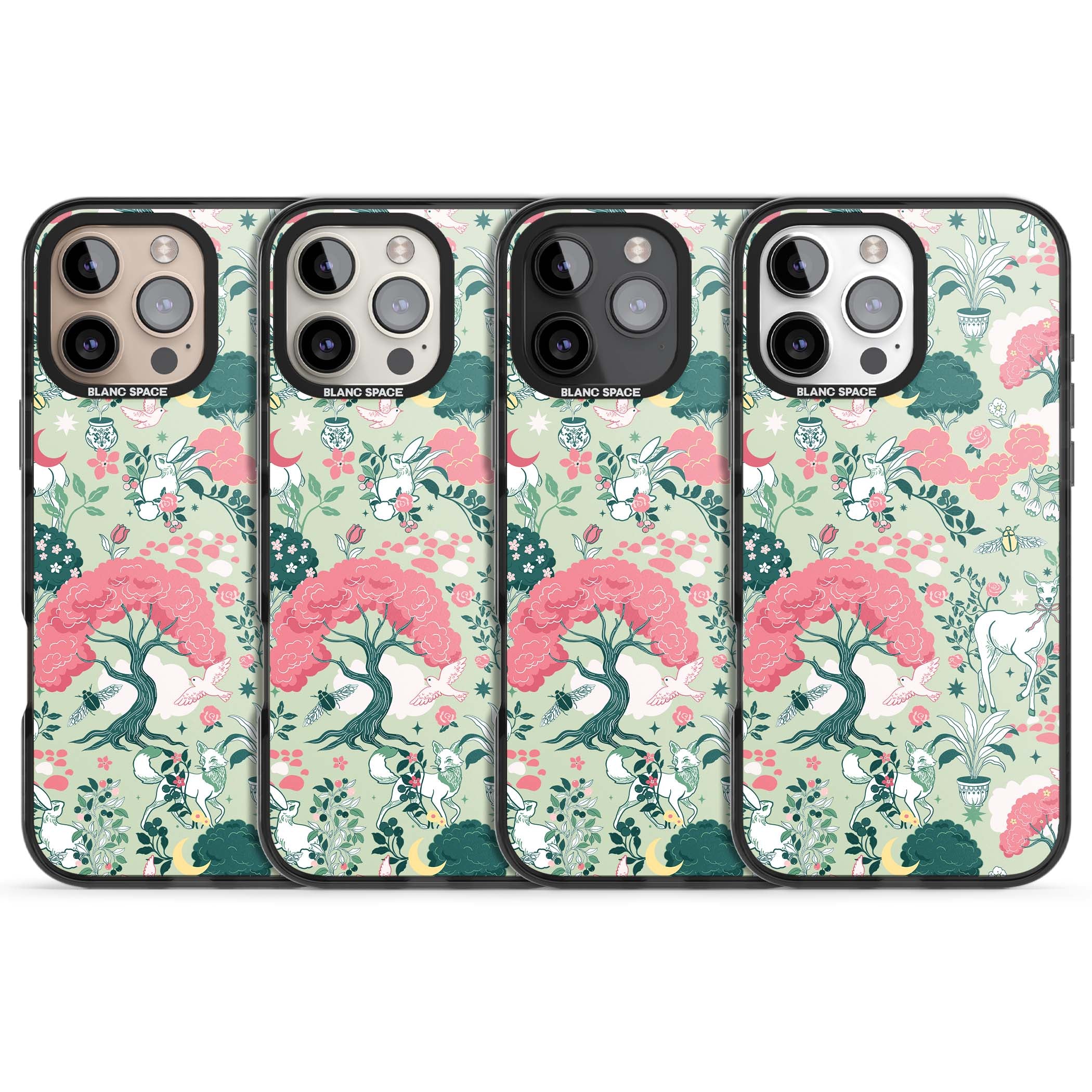 Enchanted Woodland cottagecore iPhone case featuring white deer, pink roses, mushrooms and woodland animals on sage green | Black Impact case for iPhone 16 Pro, iPhone 16 Pro Max