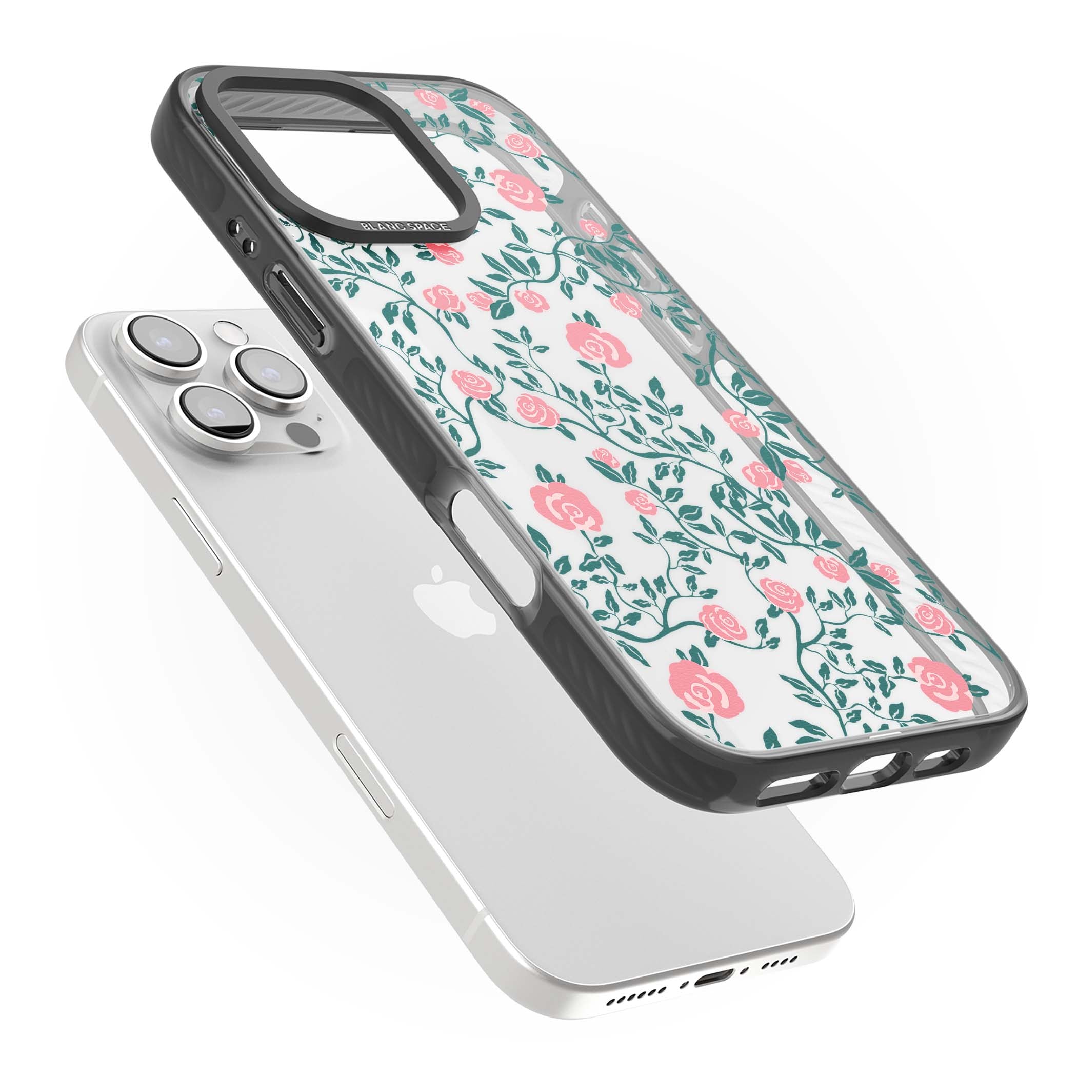 Rose Trellis (Clear) cottagecore iPhone case featuring pink climbing roses and green leaves on clear background | Black Impact case for iPhone 16 Pro, iPhone 16 Pro Max