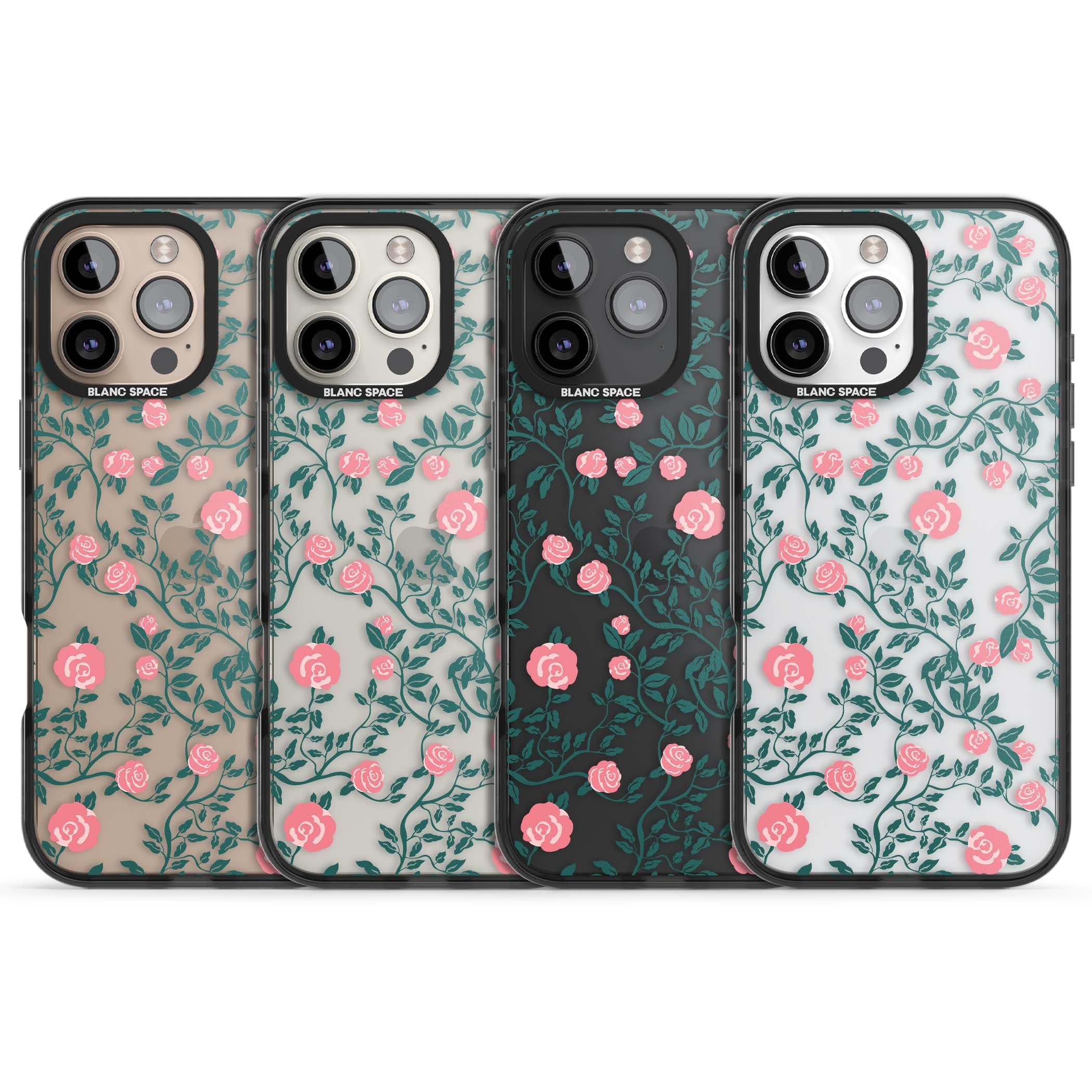 Rose Trellis (Clear) cottagecore iPhone case featuring pink climbing roses and green leaves on clear background | Black Impact case for iPhone 16 Pro, iPhone 16 Pro Max