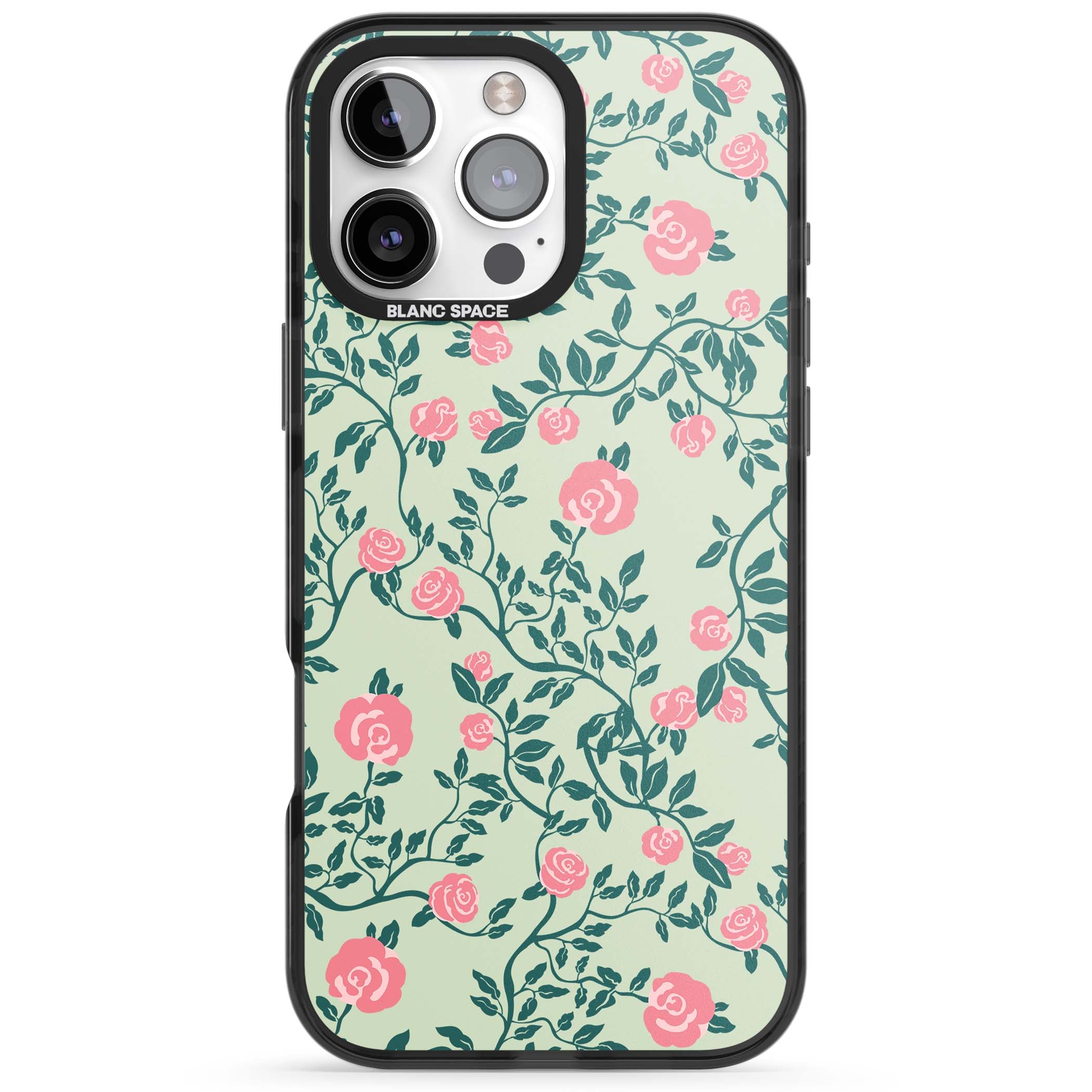 Rose Trellis cottagecore iPhone case featuring pink roses, sage green vines, and mint background | Black Impact case for iPhone 16 Pro, iPhone 16 Pro Max