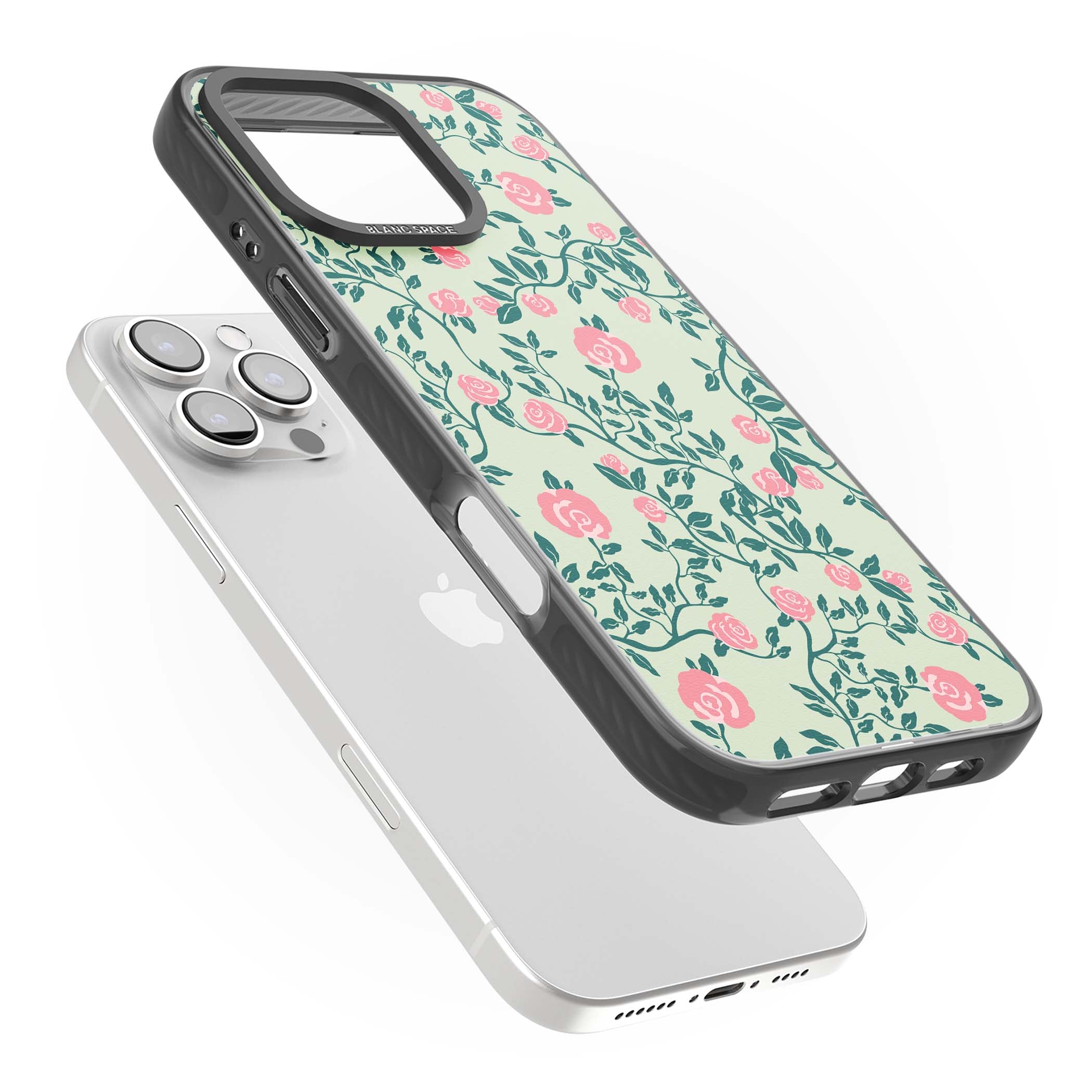 Rose Trellis cottagecore iPhone case featuring pink roses, sage green vines, and mint background | Black Impact case for iPhone 16 Pro, iPhone 16 Pro Max