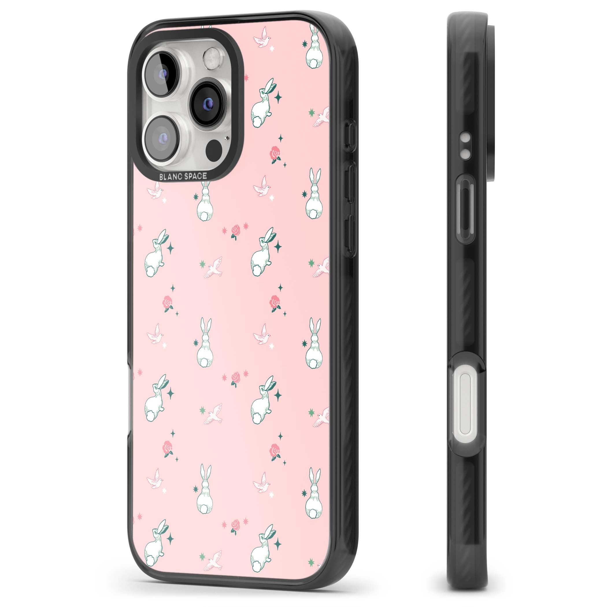 Bunny Garden kawaii iPhone case featuring white rabbits, pink roses, doves and stars on pink background | Black Impact case for iPhone 16 Pro, iPhone 16 Pro Max