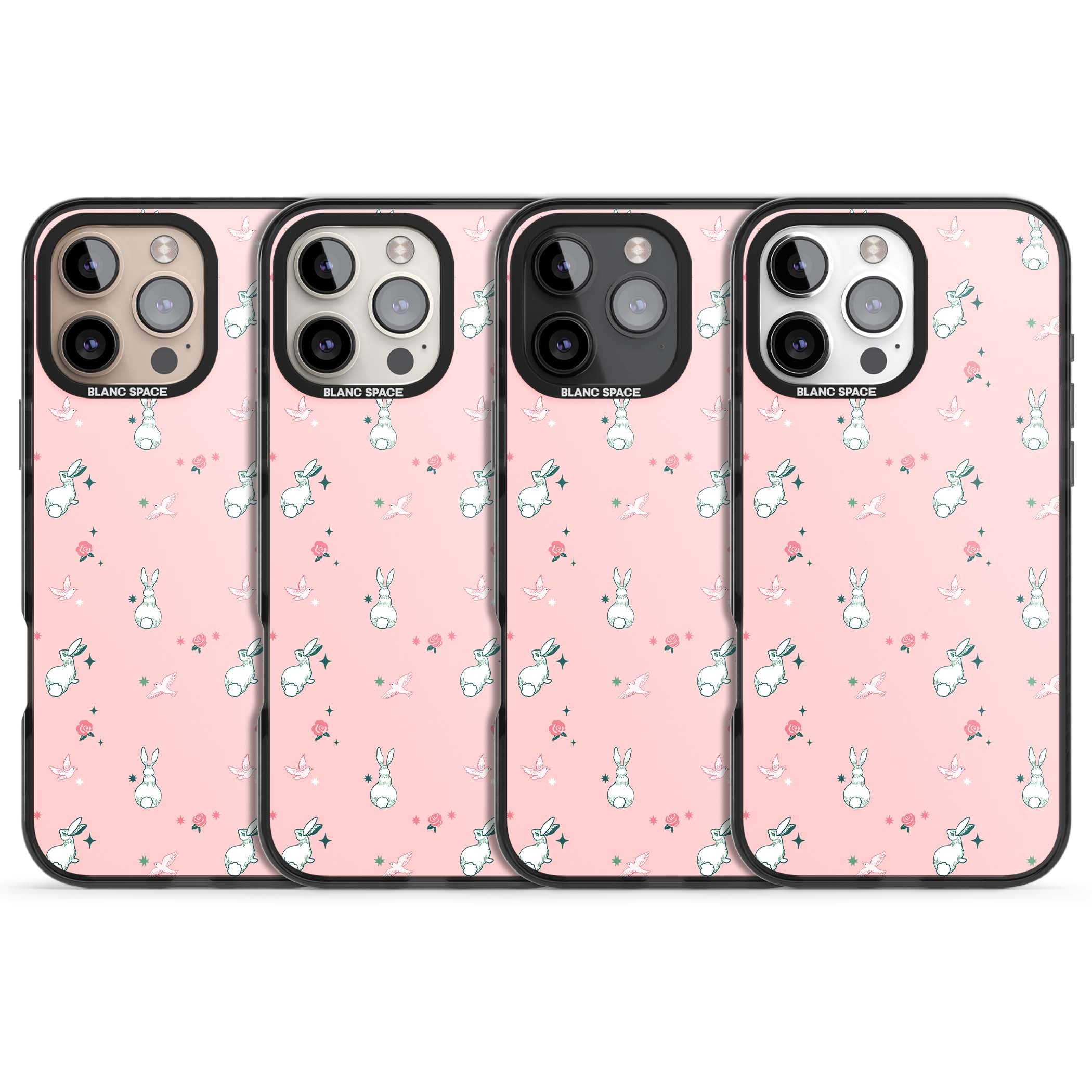 Bunny Garden kawaii iPhone case featuring white rabbits, pink roses, doves and stars on pink background | Black Impact case for iPhone 16 Pro, iPhone 16 Pro Max