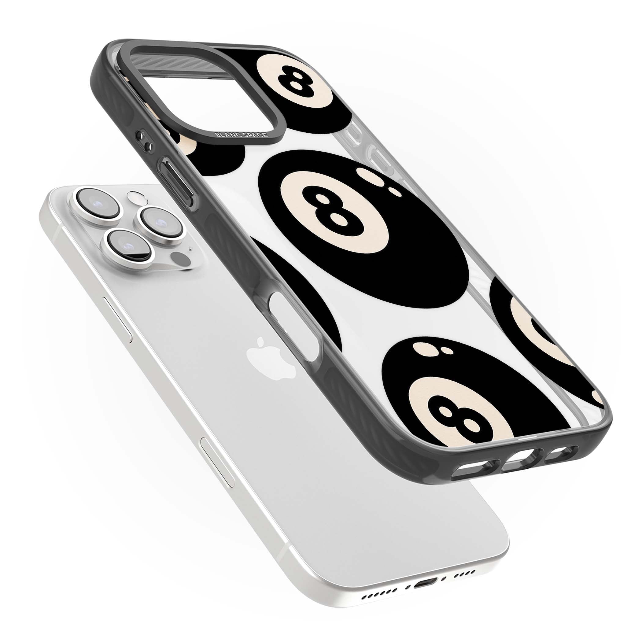 Eights y2k iPhone case featuring scattered black 8 balls with cream highlights on a clear background | Black Impact case for iPhone 16 Pro, iPhone 16 Pro Max